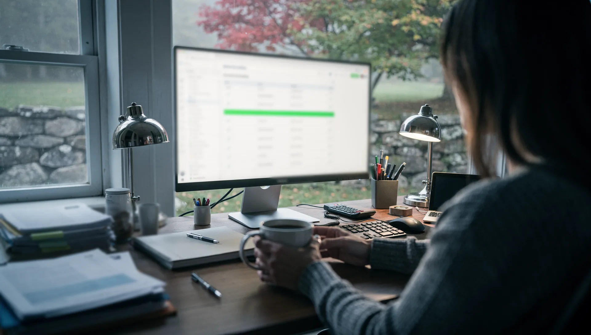 Over the shoulder of a woman in a grey knit sweater holding a mug at a home-office desk, a monitor shows a reconciliation list with one row marked green, a stone wall and red maple through the window.