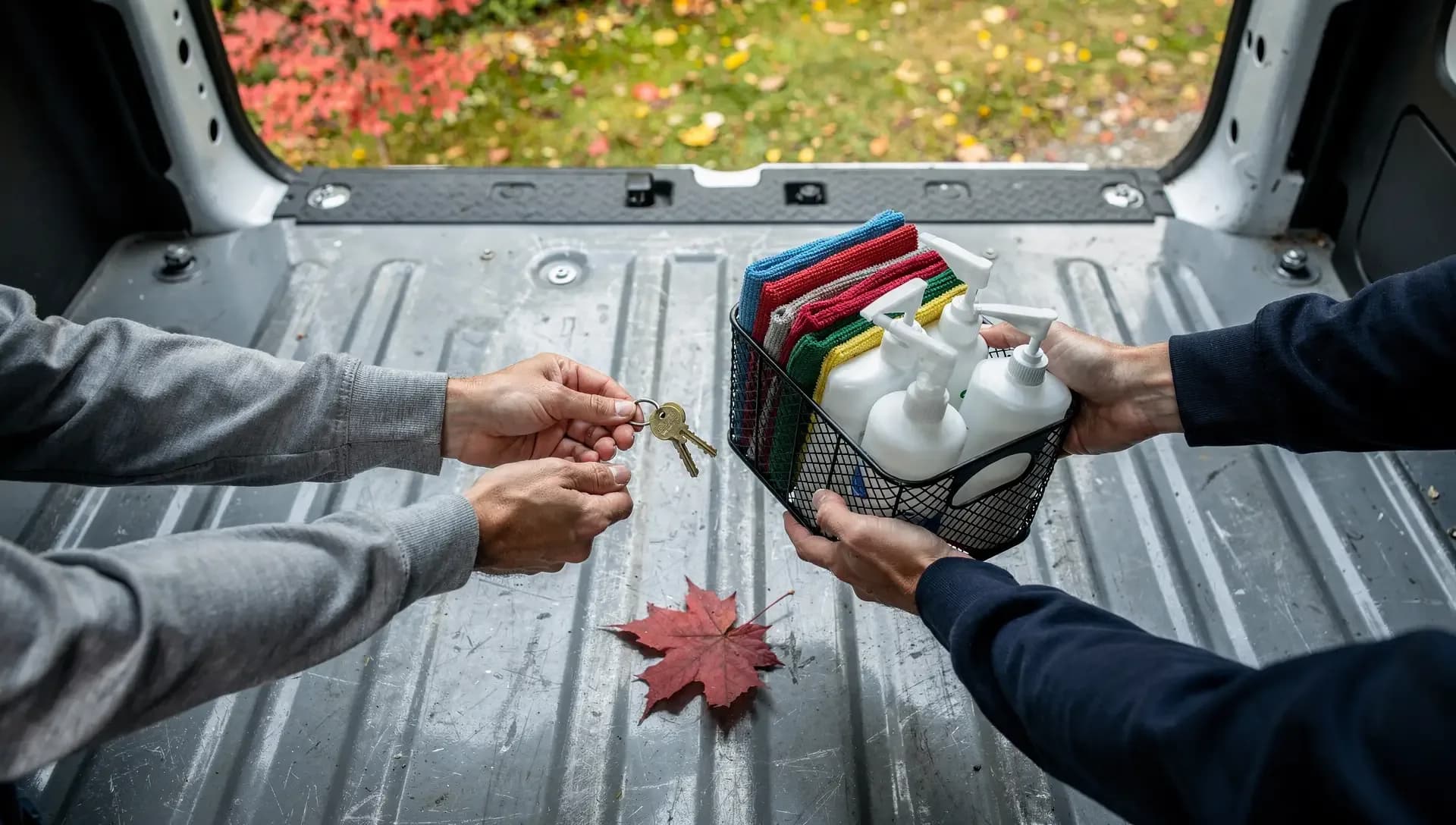 Inside a cargo van, one pair of hands holds out a key ring as another holds a wire caddy of cloths and pump bottles.
