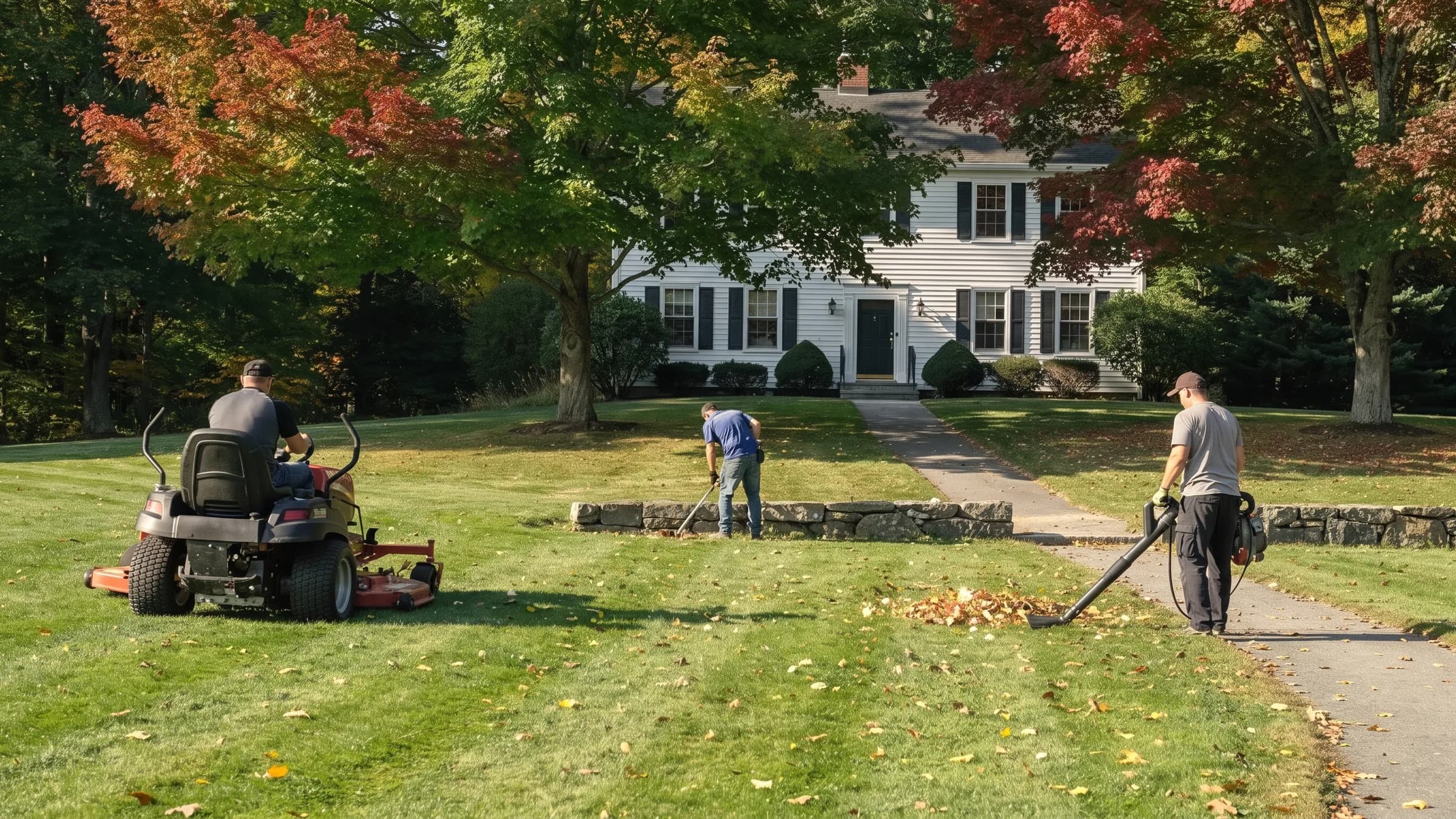A three-person lawn crew mows, trims along a stone wall and blows leaves in front of a white colonial.