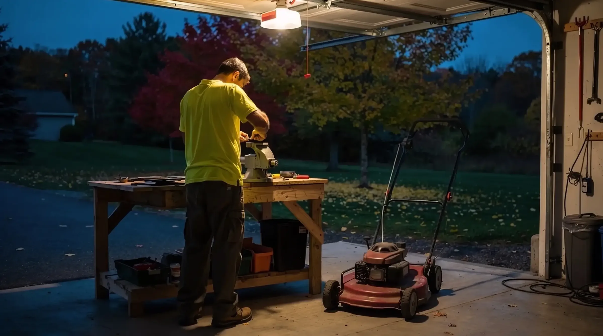 At dusk a man in a hi-vis tee works at a bench vise in an open garage, a red push mower beside him.