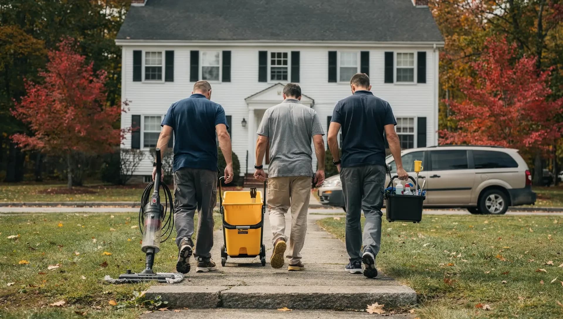 Three cleaners carry a vacuum, a mop bucket and a supply caddy up the path to a white colonial.