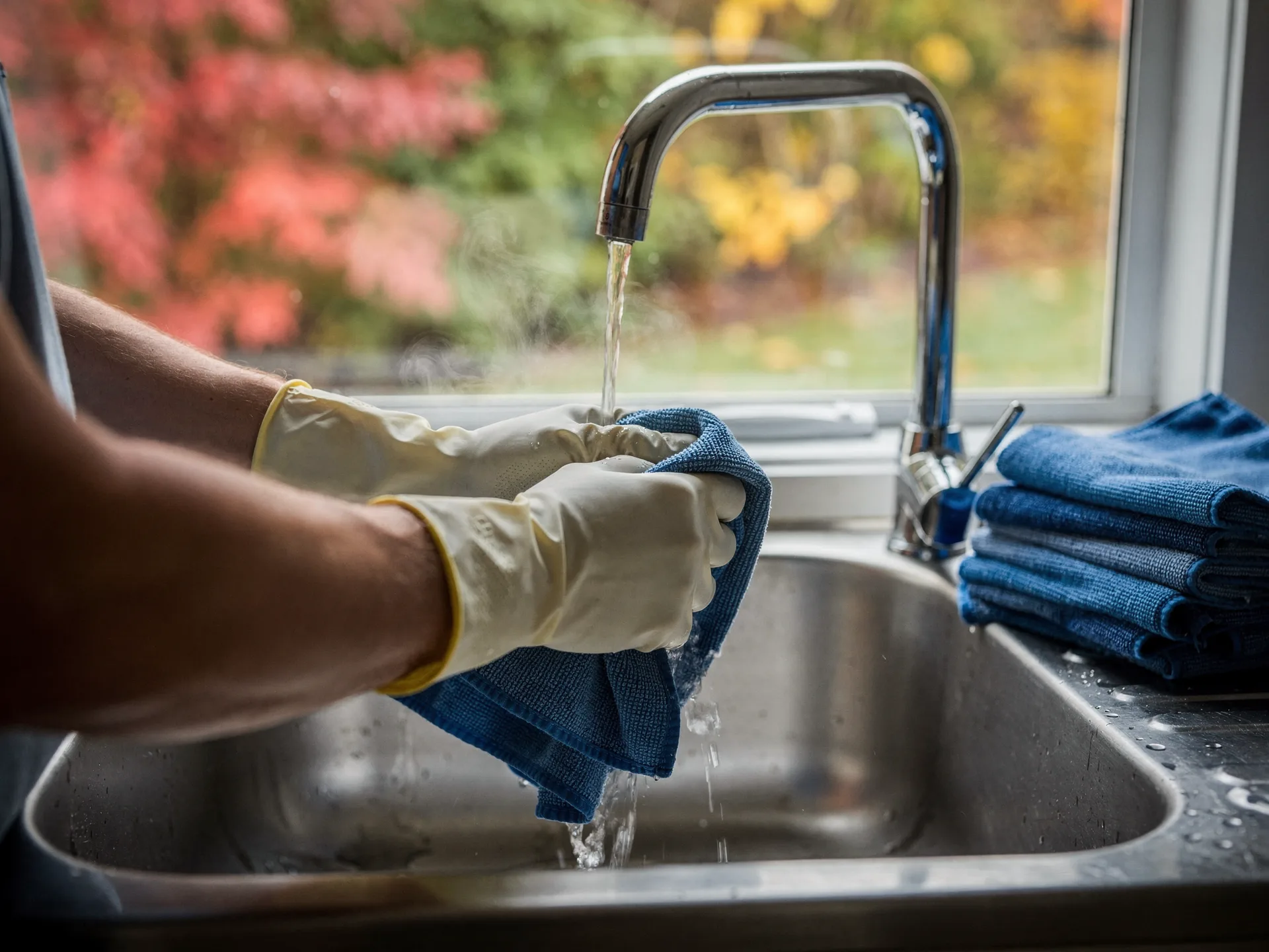 Gloved hands wring a blue microfiber cloth under a running tap at a steel sink, folded cloths stacked beside it.