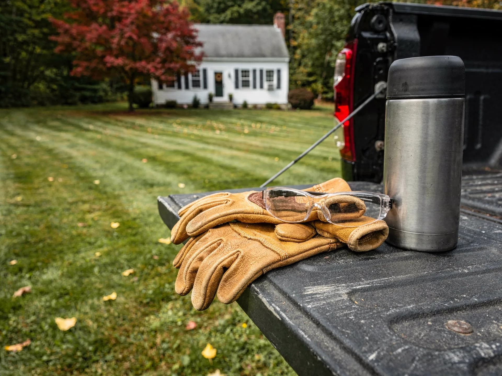 Leather work gloves, safety glasses and a steel thermos on a pickup tailgate beside a freshly striped lawn.