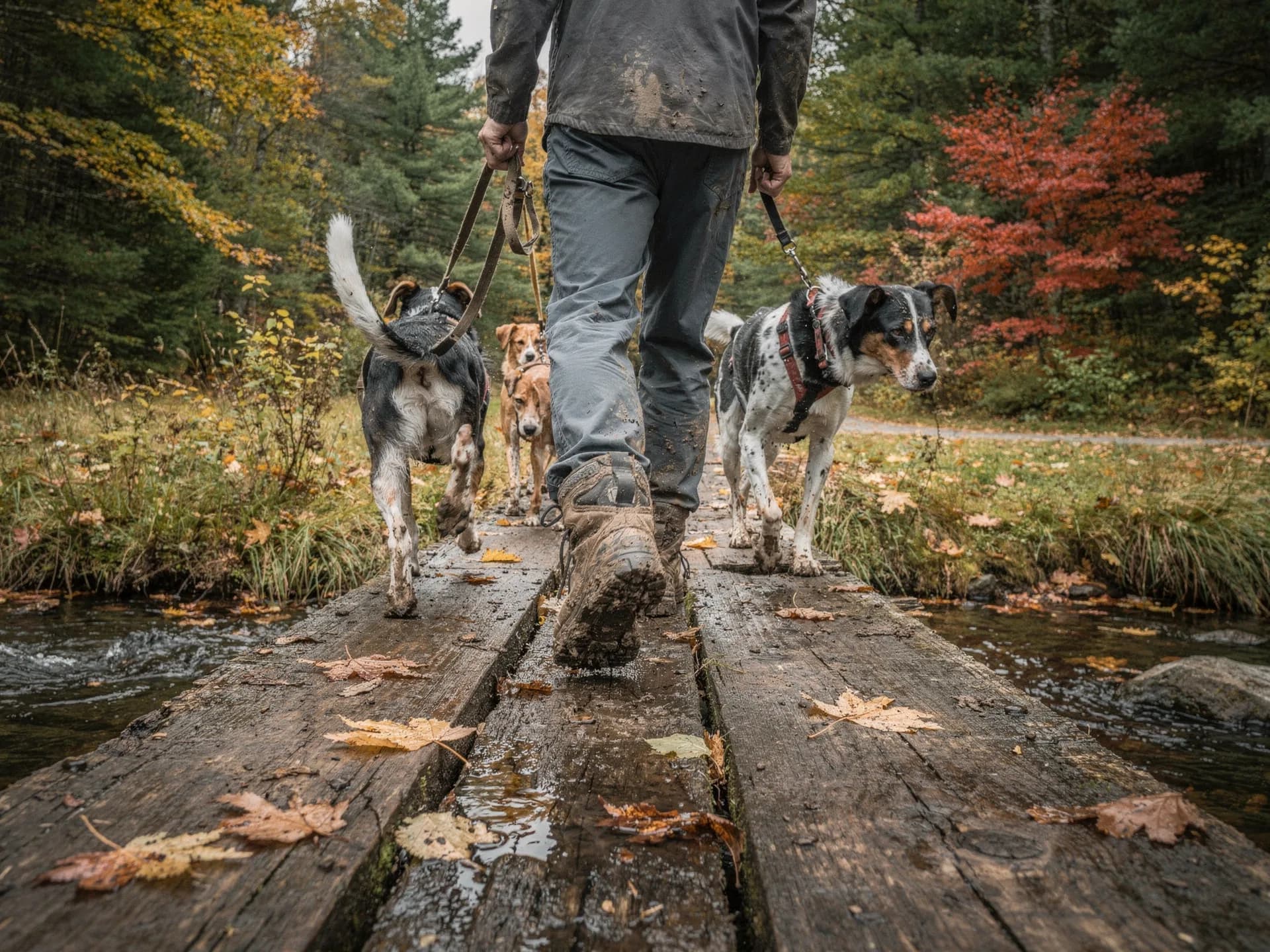A walker's muddy boots and three dogs on leads cross a wooden footbridge in the autumn woods.