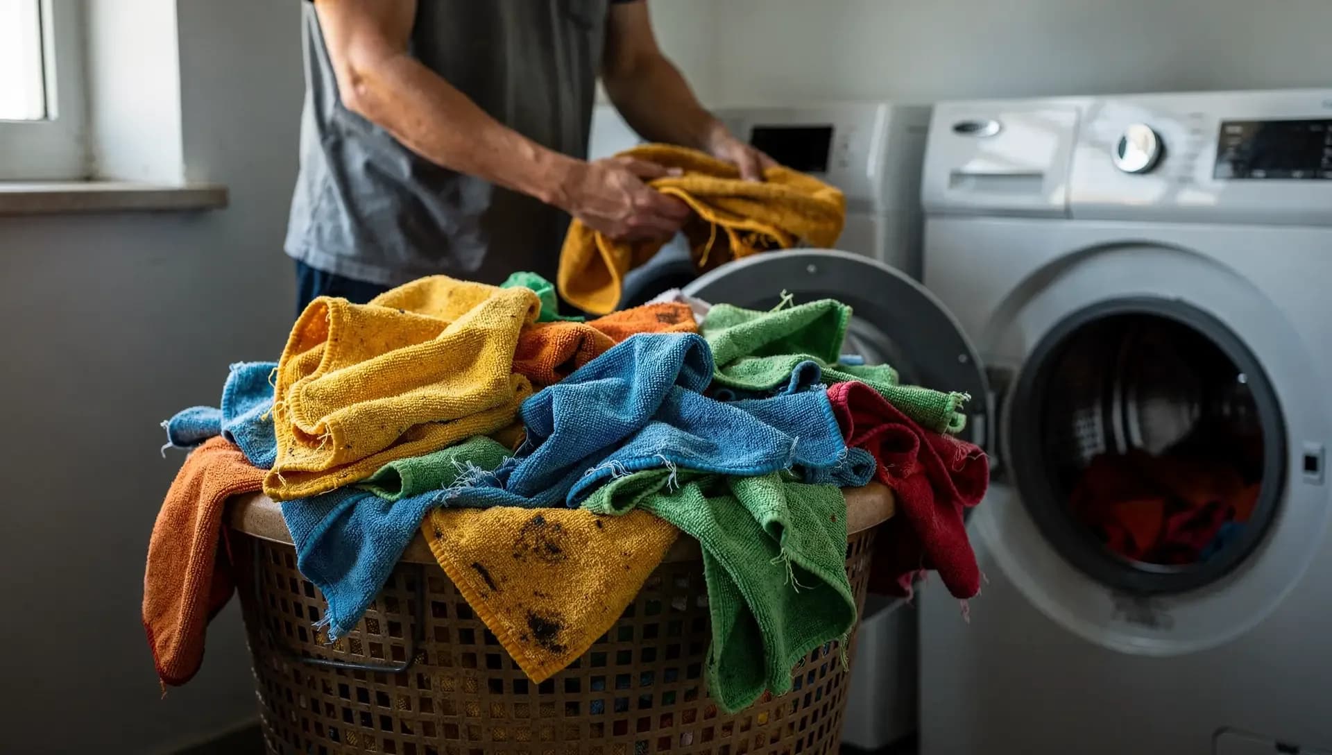 A man lifts a stained cloth from a heaped basket of used cleaning rags beside an open washing machine.