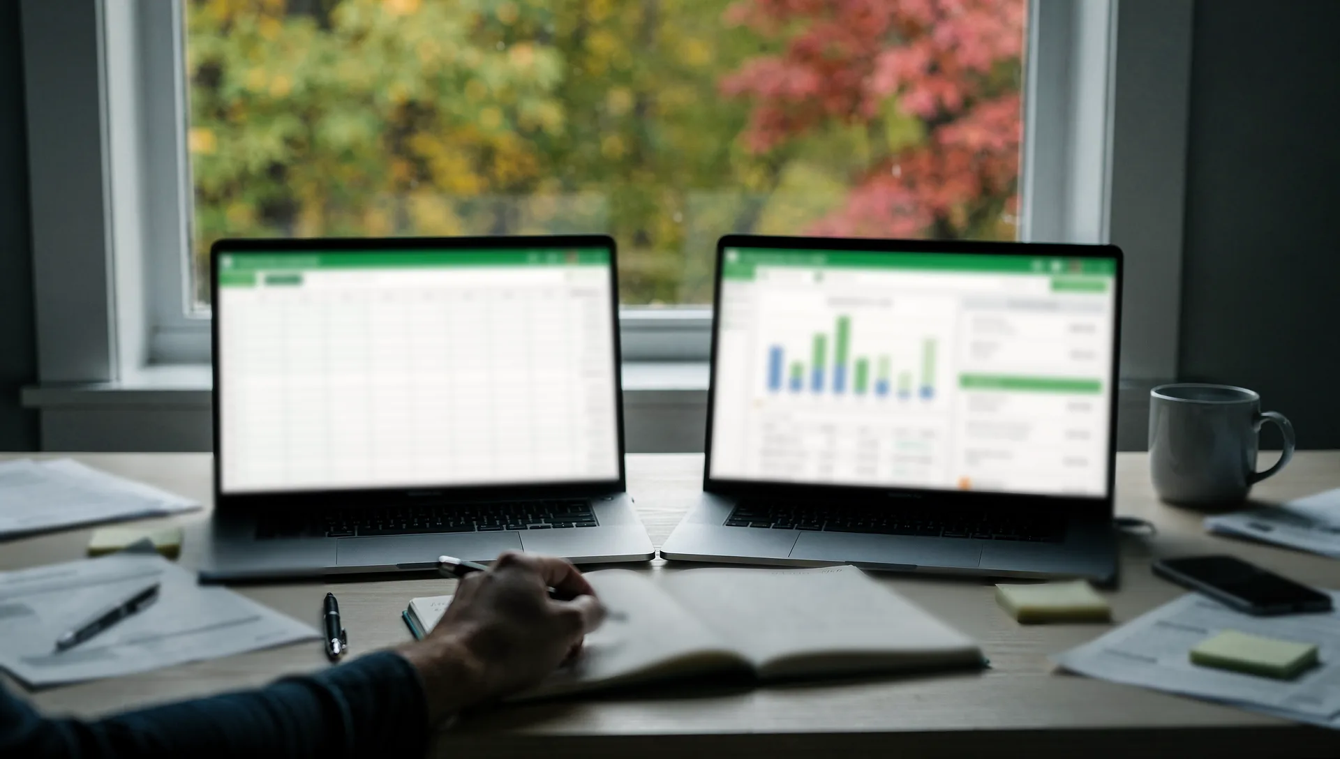 Two laptops sit side by side on a desk by a window, one showing a blank spreadsheet grid and the other an accounting dashboard with a bar chart, while a hand writes in a notebook between them.