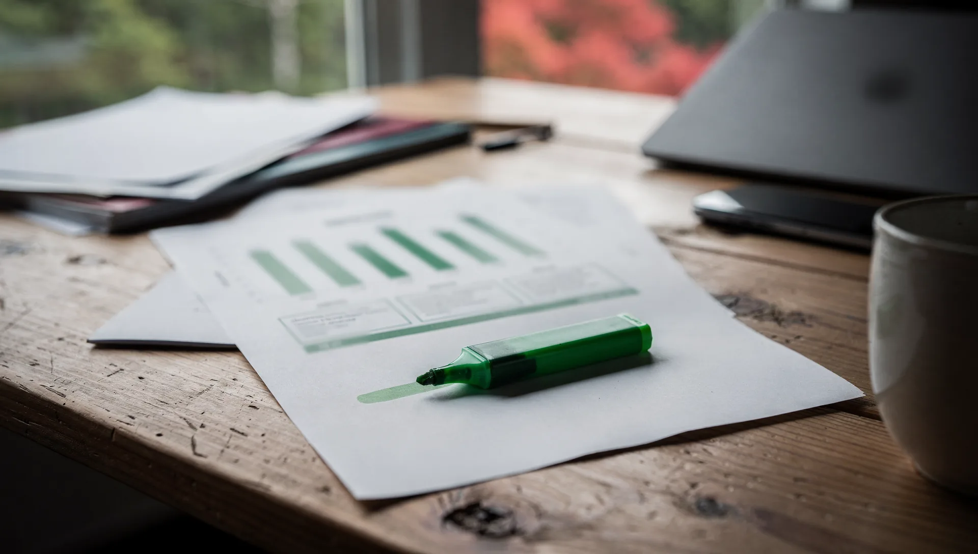 A printed one-page report with a green bar chart lies on a worn wooden table with a green highlighter across its bottom line, a closed laptop, a phone and a mug nearby.