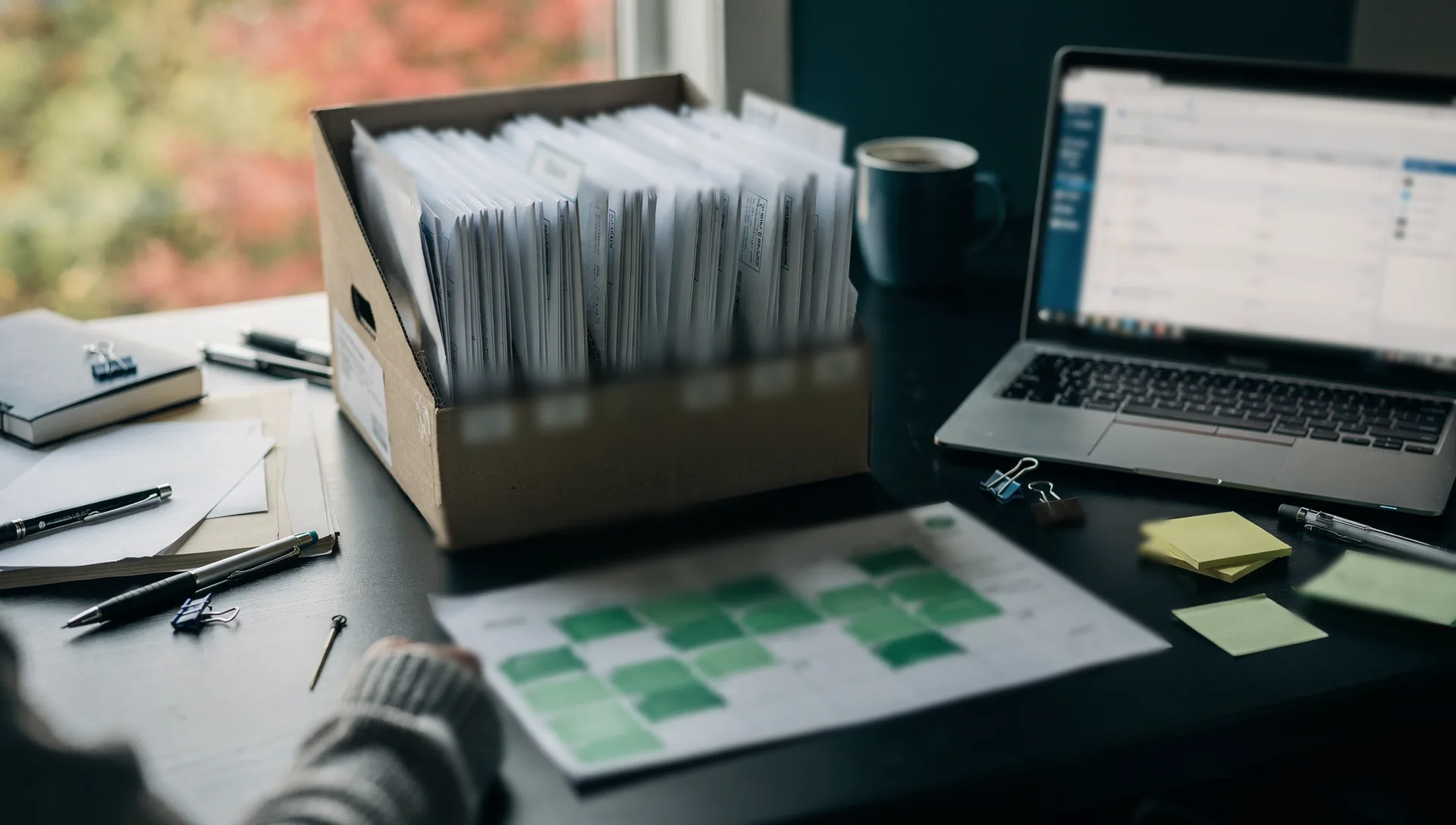 A cardboard file box of envelopes with numbered dividers sits on a dark desk beside a laptop, a printed calendar with weeks blocked out in green, sticky notes and pens.