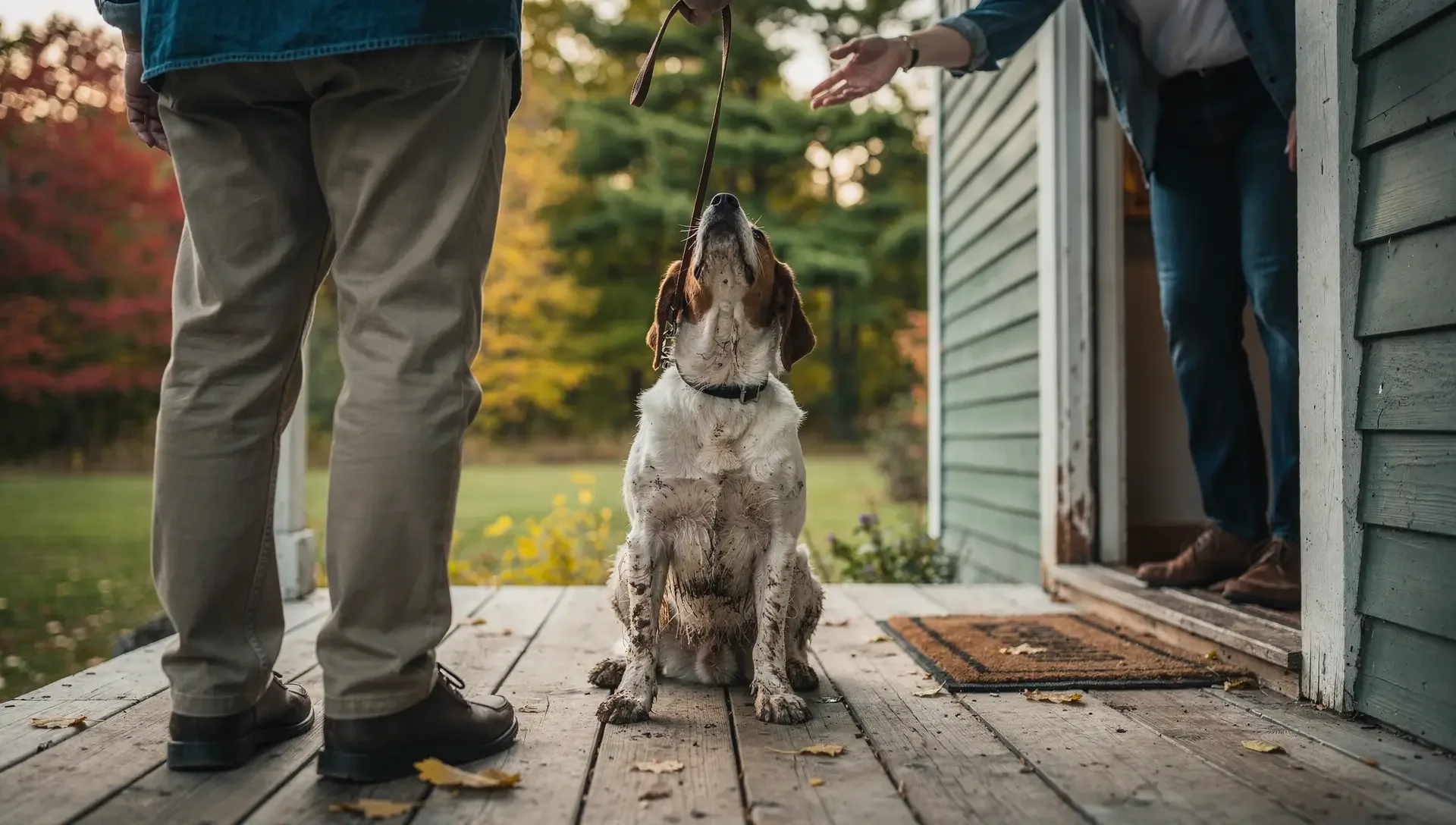 A muddy hound sits on a porch between a walker holding its leash and an owner reaching out from the door.