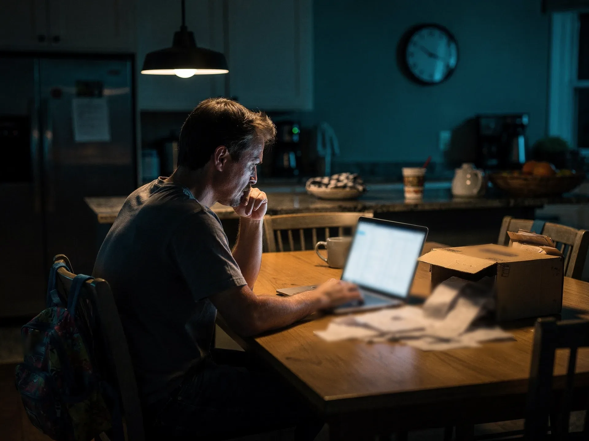 Late at night under a pendant lamp, a tired man in a T-shirt sits at a kitchen table with a laptop spreadsheet and a box of spilled receipts, a child's backpack on the next chair.