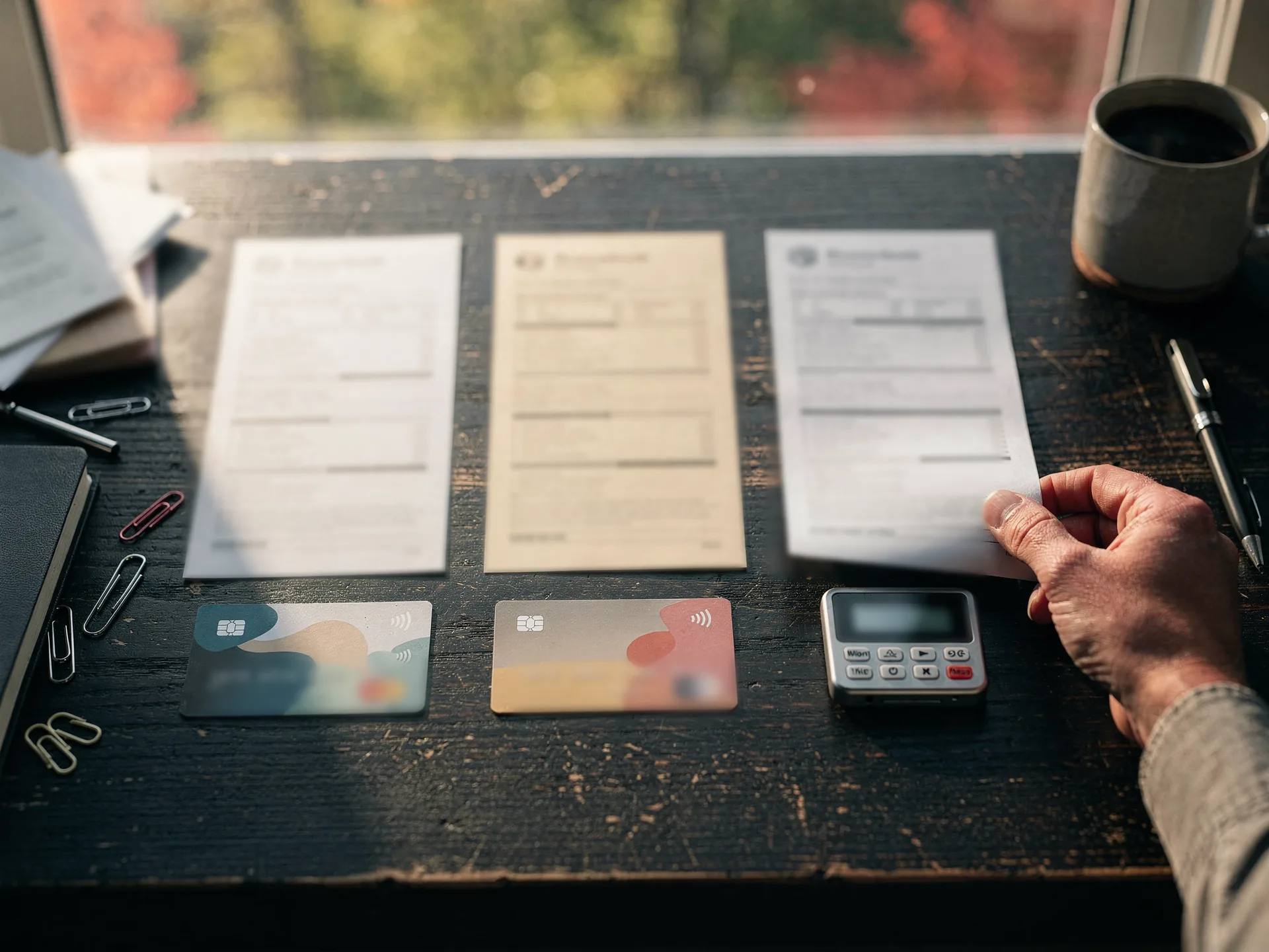Overhead on a dark wooden desk, three bank statements lie side by side above two payment cards and a small calculator, a hand lifting the corner of one statement, a mug at the window.