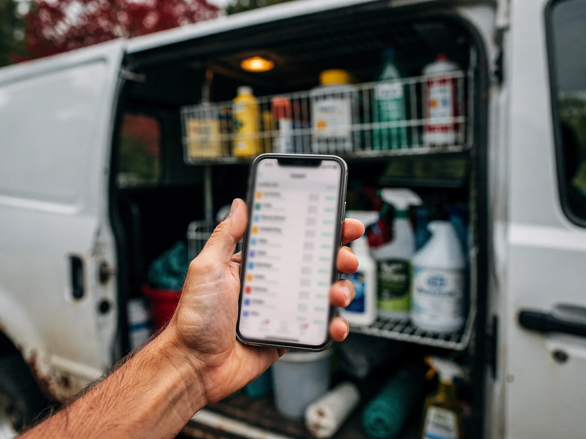 A hand holds up a phone showing a long list of bank transactions in front of the open back of a white van stocked with cleaning bottles on wire shelves.