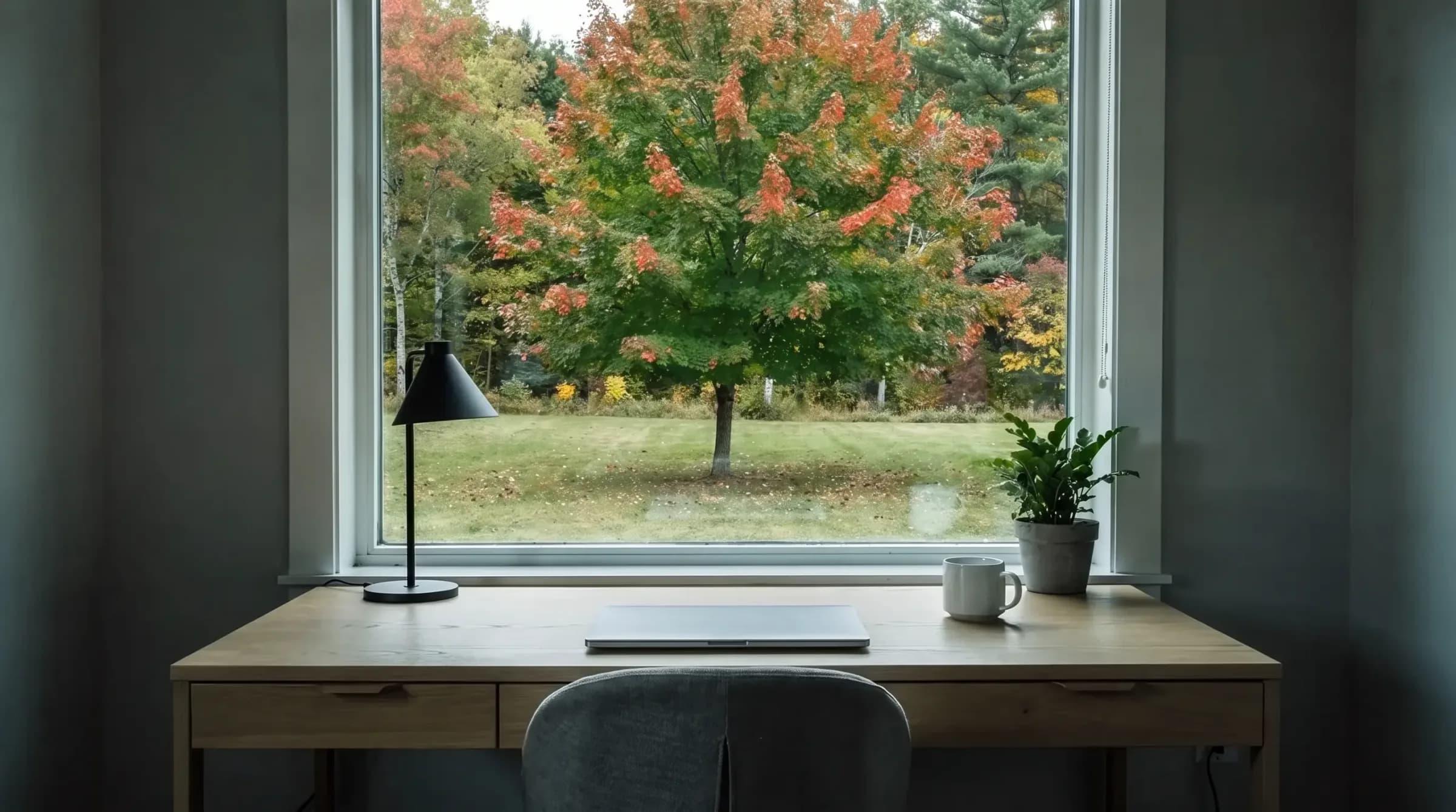 A light-oak desk by a large window holds a closed laptop, a lamp, a mug and a plant, with a maple turning red outside.