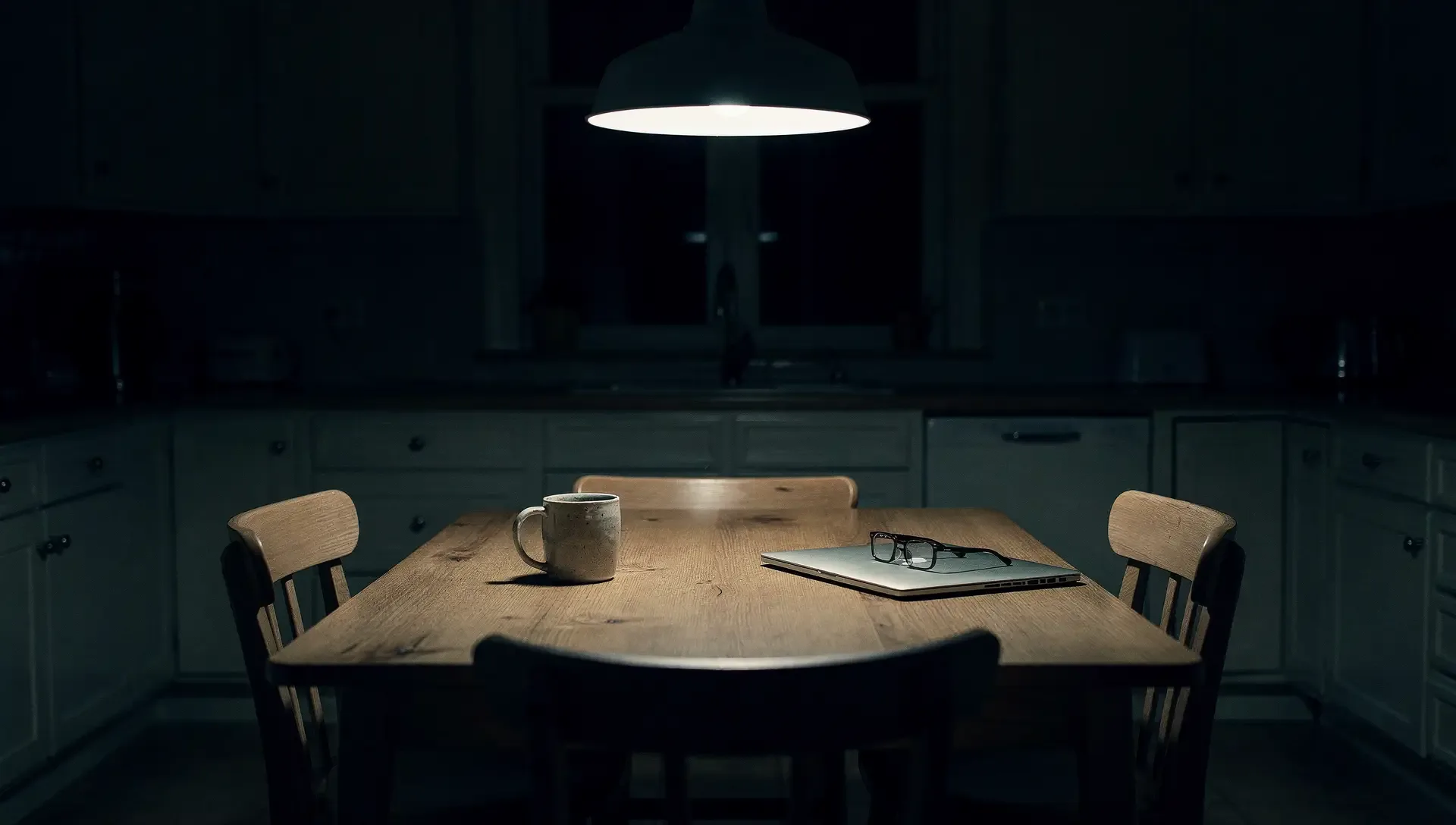 A dark kitchen at night, one pendant light over a wooden table with a mug and a closed laptop topped by reading glasses.