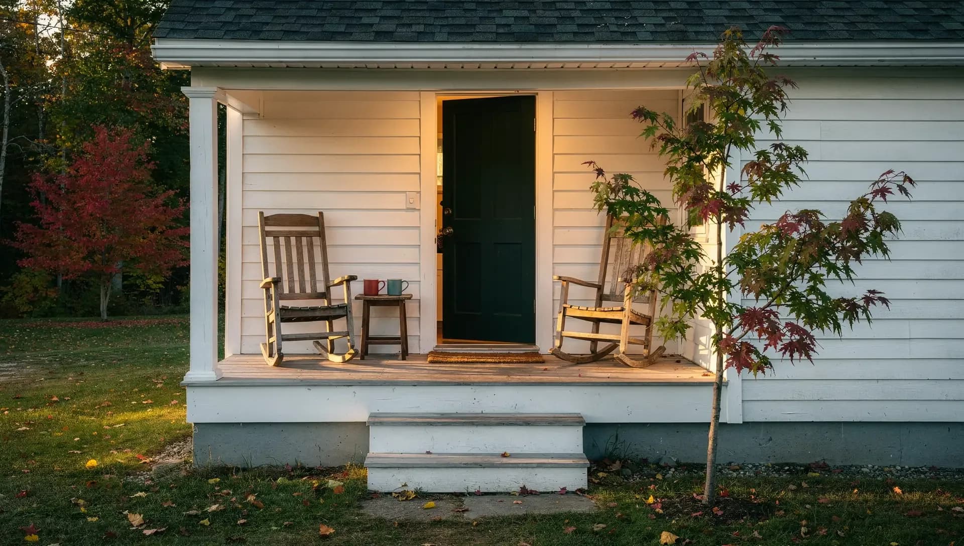 A white clapboard porch at golden hour with two rocking chairs, two mugs and a green front door standing open to warm light.