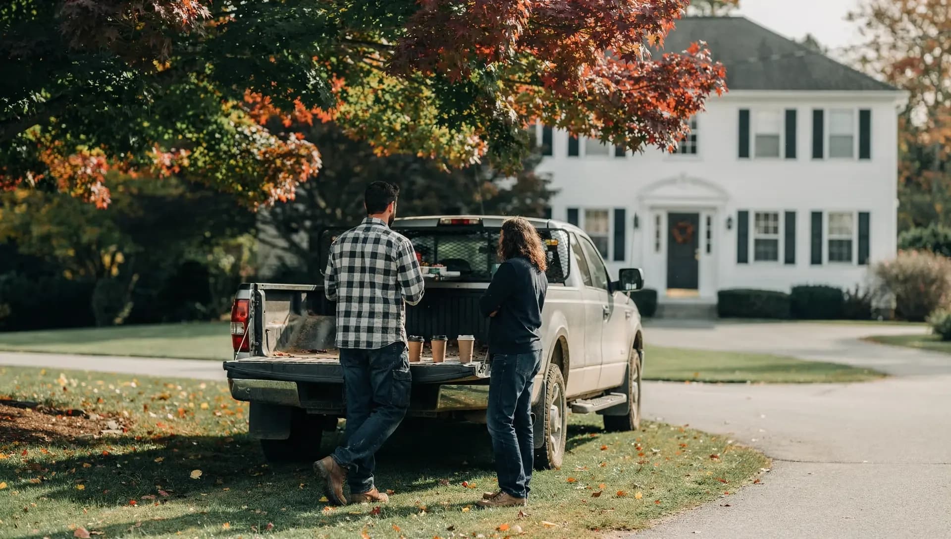 Two people seen from behind talk at a pickup's open tailgate under a turning maple, coffees on the gate, a colonial behind.