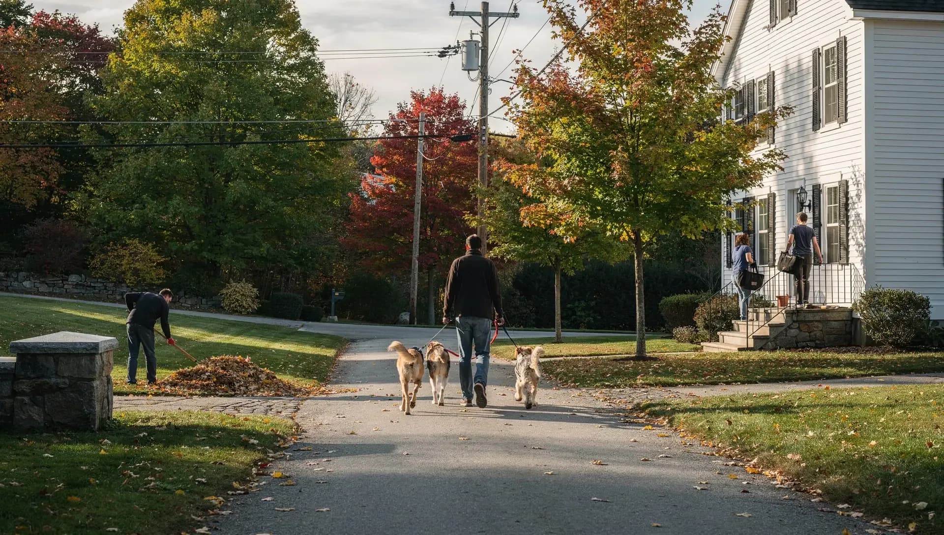 A sunny town street where a man walks three dogs, a neighbor rakes leaves and two people carry bags up a colonial's steps.