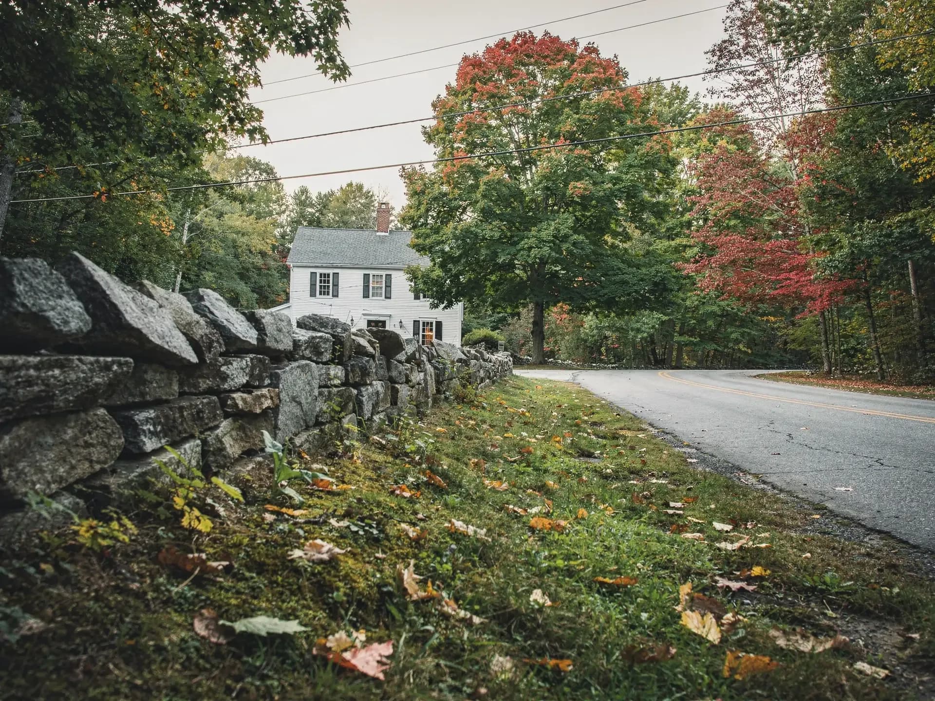 A mossy fieldstone wall runs along a curving country road toward a white colonial under a maple with a red crown.