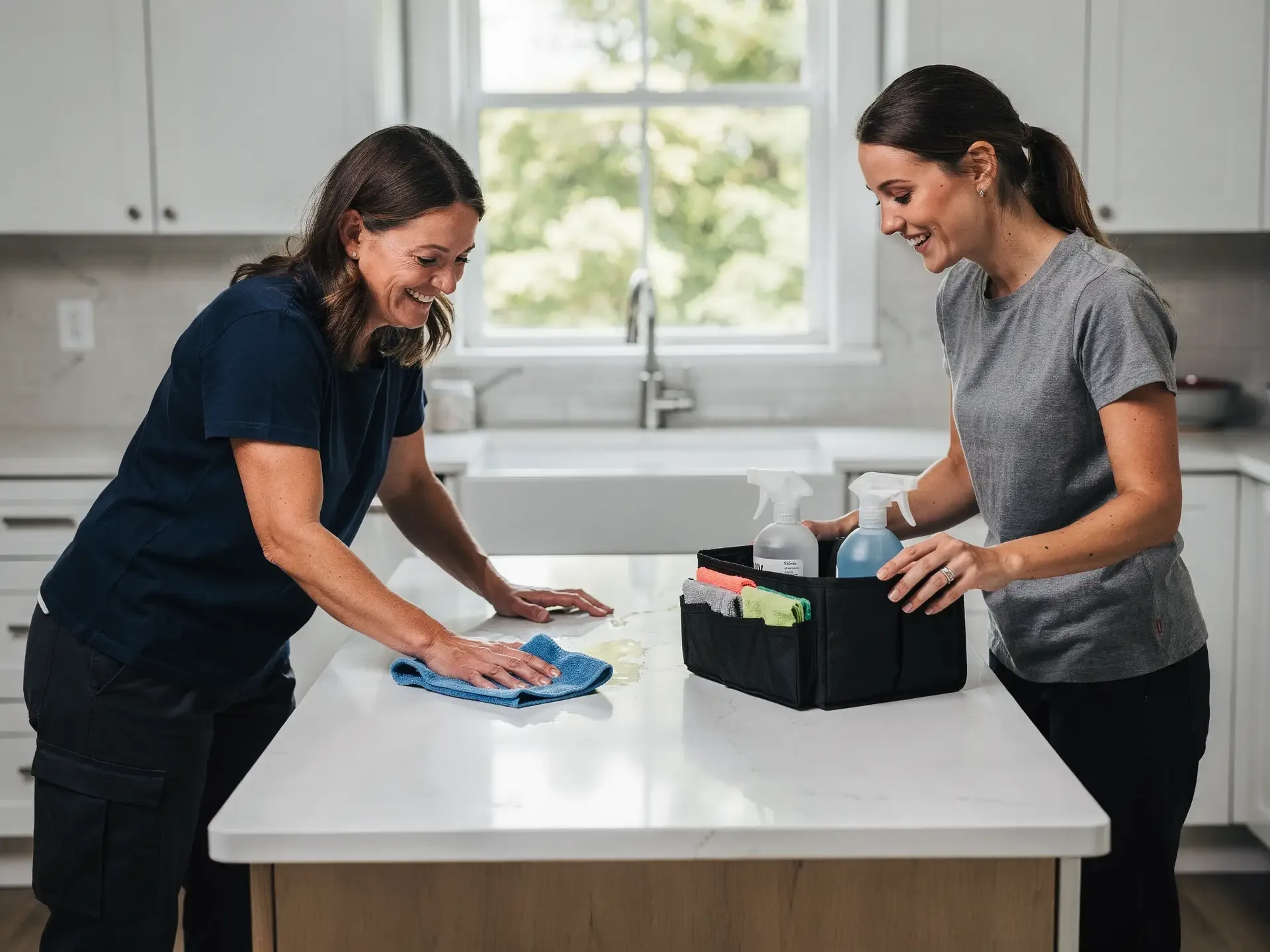 Two cleaners in a bright white kitchen, one wiping a quartz island with a blue cloth, the other unpacking a supply caddy.