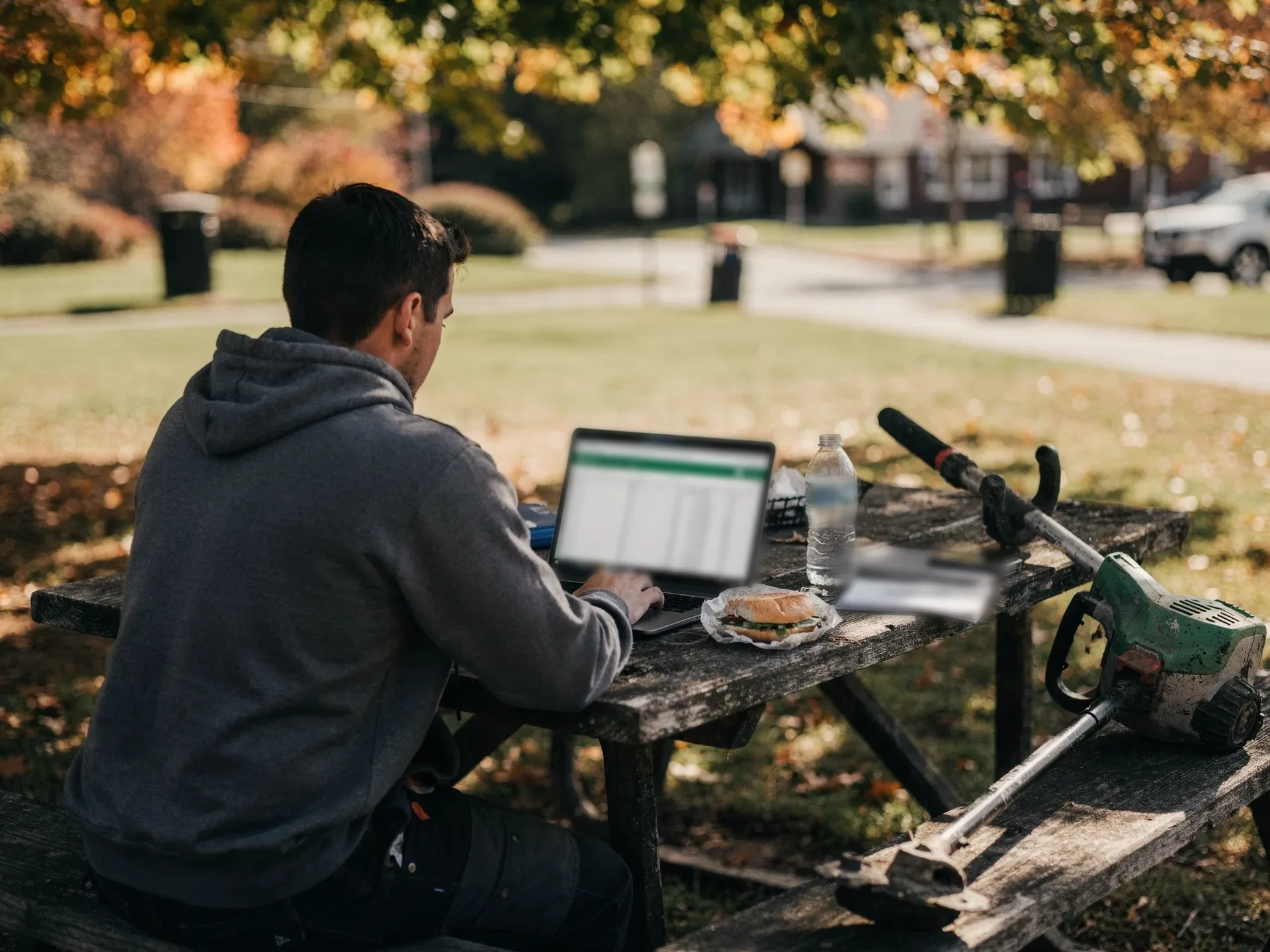 A young lawn-care owner in a grey hoodie works on a laptop spreadsheet at a park picnic table, a sandwich beside him and a string trimmer on the bench.