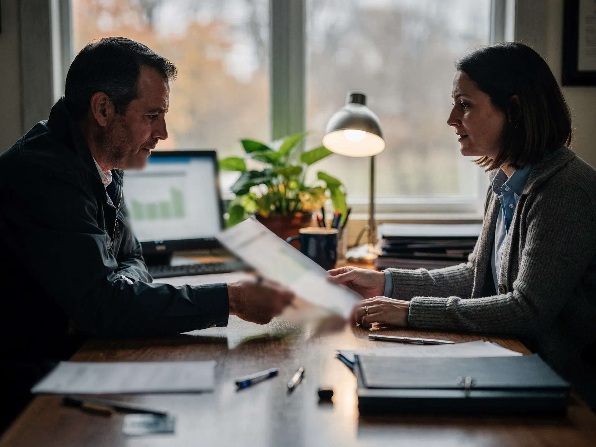 Across a bank desk, an owner in a work jacket passes a printed one-page report to a loan officer in a cardigan, a plant and lamp by the window.