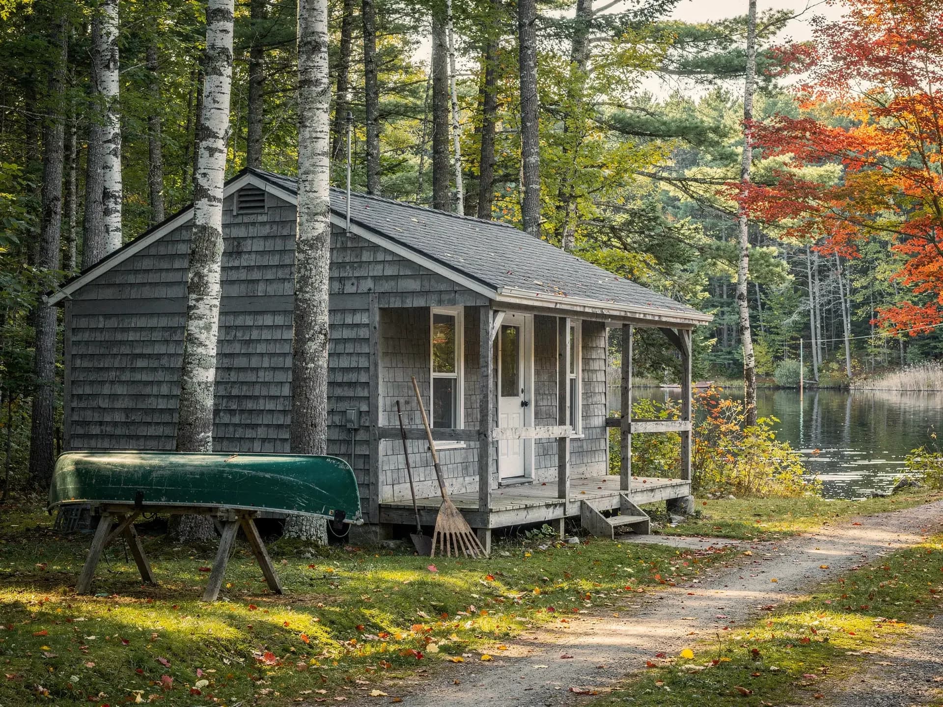 A gray-shingled cabin among birches and pines beside a still pond, a green canoe upside down on sawhorses.