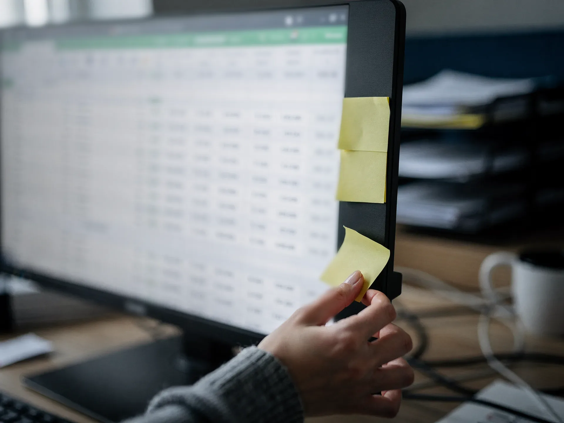 A hand peels one of the last sticky notes off the edge of a monitor, a tidy ledger with a green header soft on the screen.