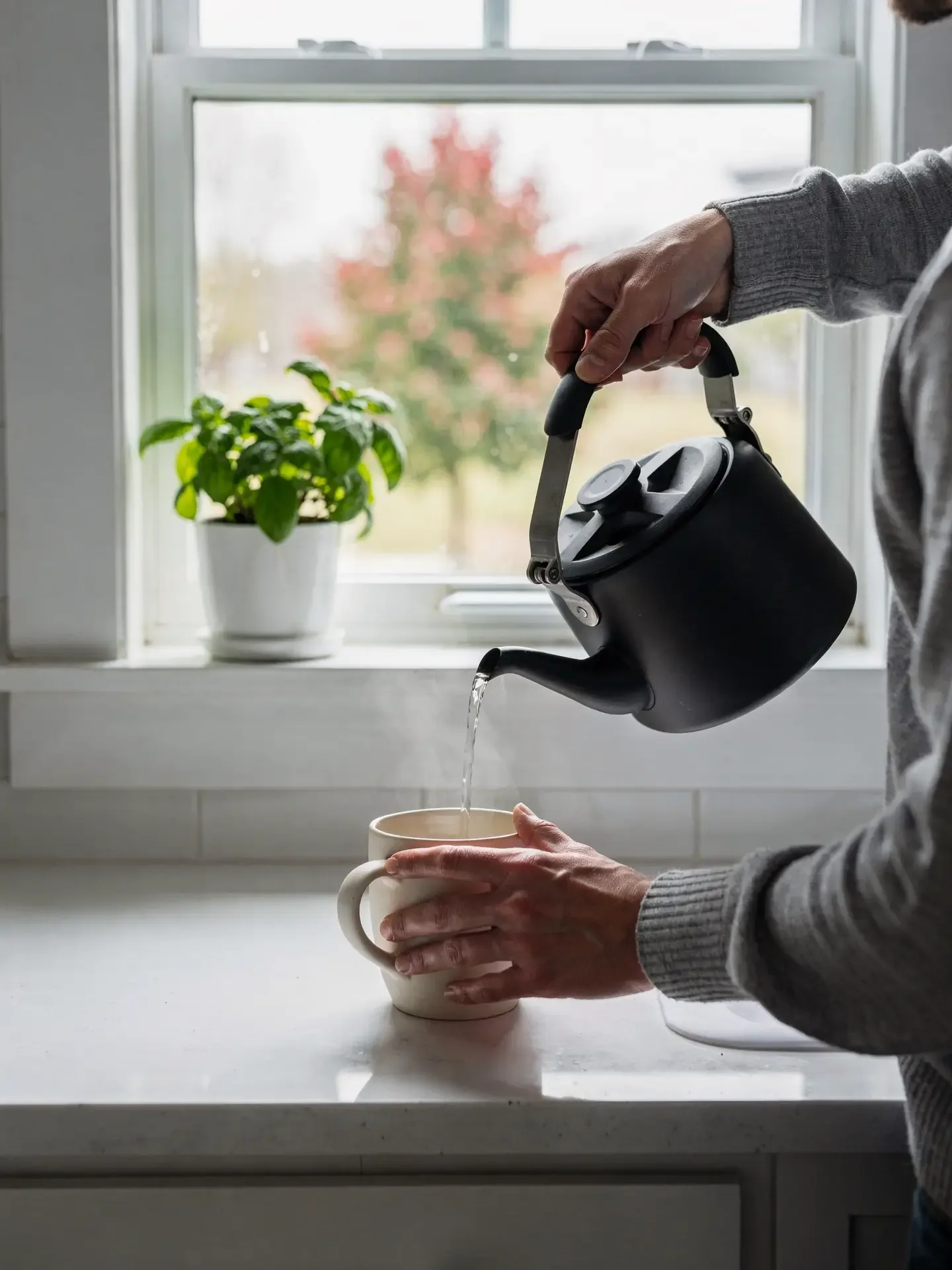 Hands pour steaming water from a black kettle into a mug at a kitchen window, a basil plant on the sill.