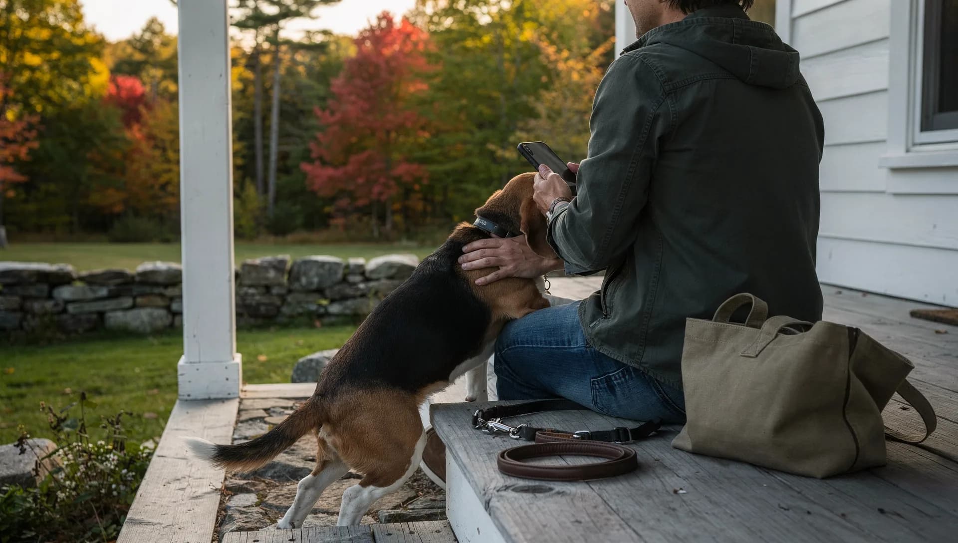 A dog walker on a farmhouse porch step pats a beagle while checking a phone, leashes and a canvas tote beside them, red maples past a stone wall.