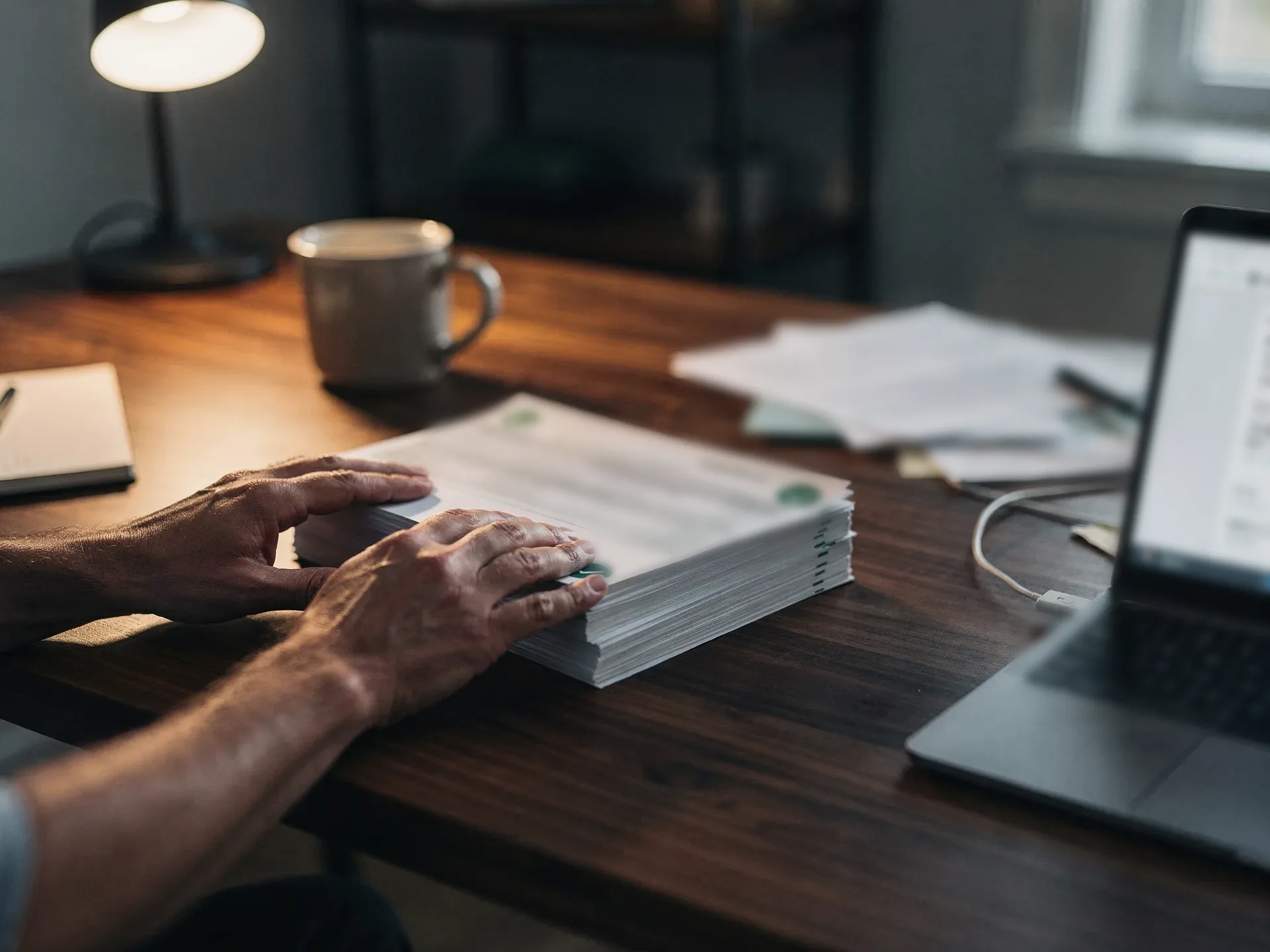 Two hands square a thick stack of printed statements on a wooden desk, each sheet marked with a green check sticker, a laptop and lamp beside them.