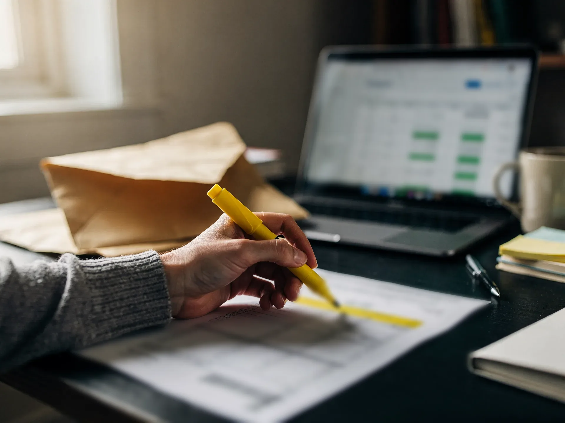 A hand in a grey knit sleeve runs a yellow highlighter along one line of a printed bank statement, an opened manila envelope and a laptop soft behind.