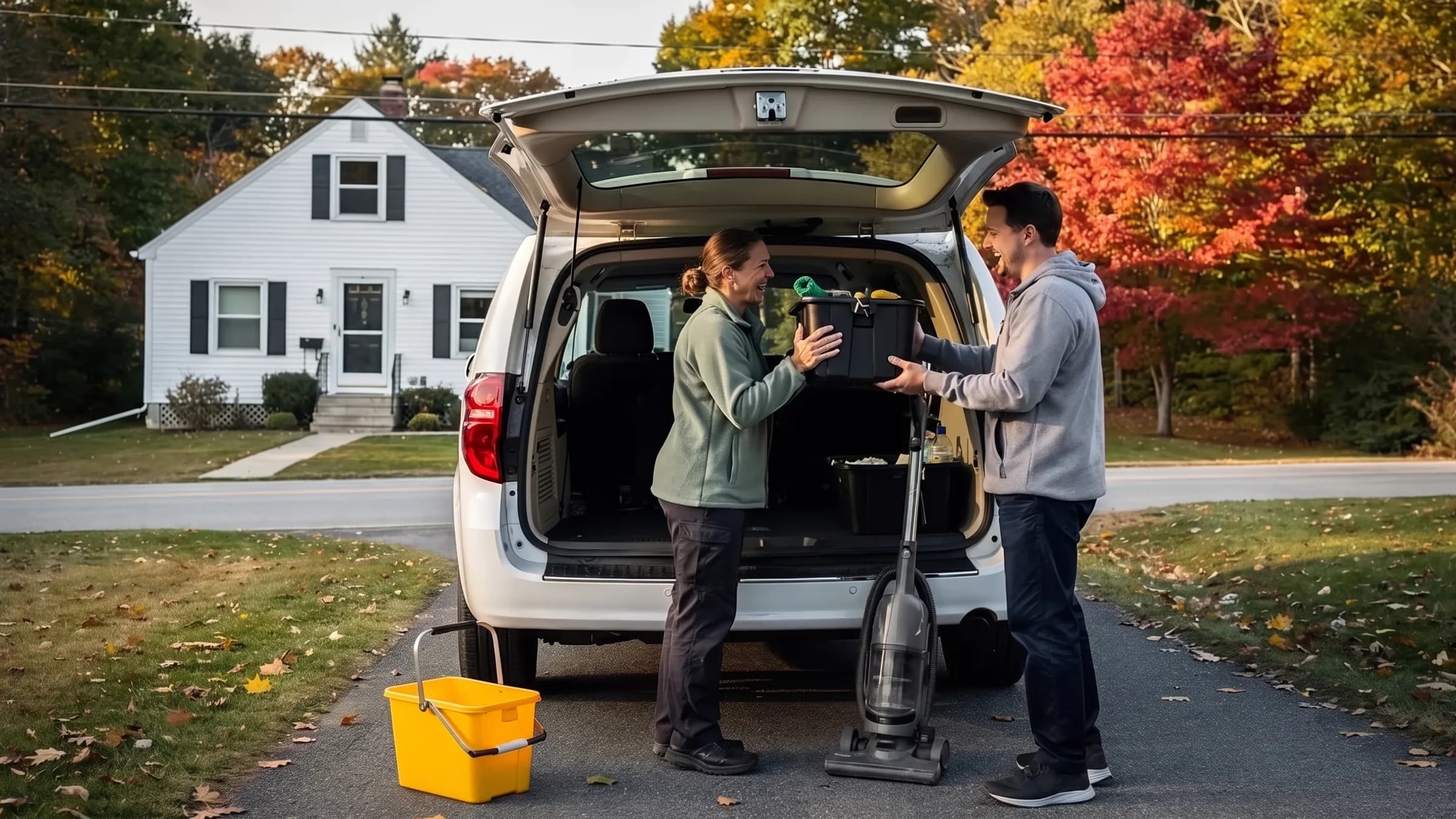 Two cleaners laugh as they load a tote of supplies into a white minivan, a mop bucket and vacuum on the driveway.