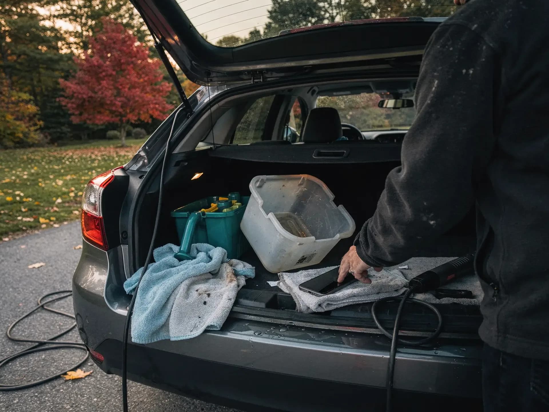 A cleaner rests a hand on her phone at a car hatch crammed with a caddy, a tub and dirty towels at dusk.