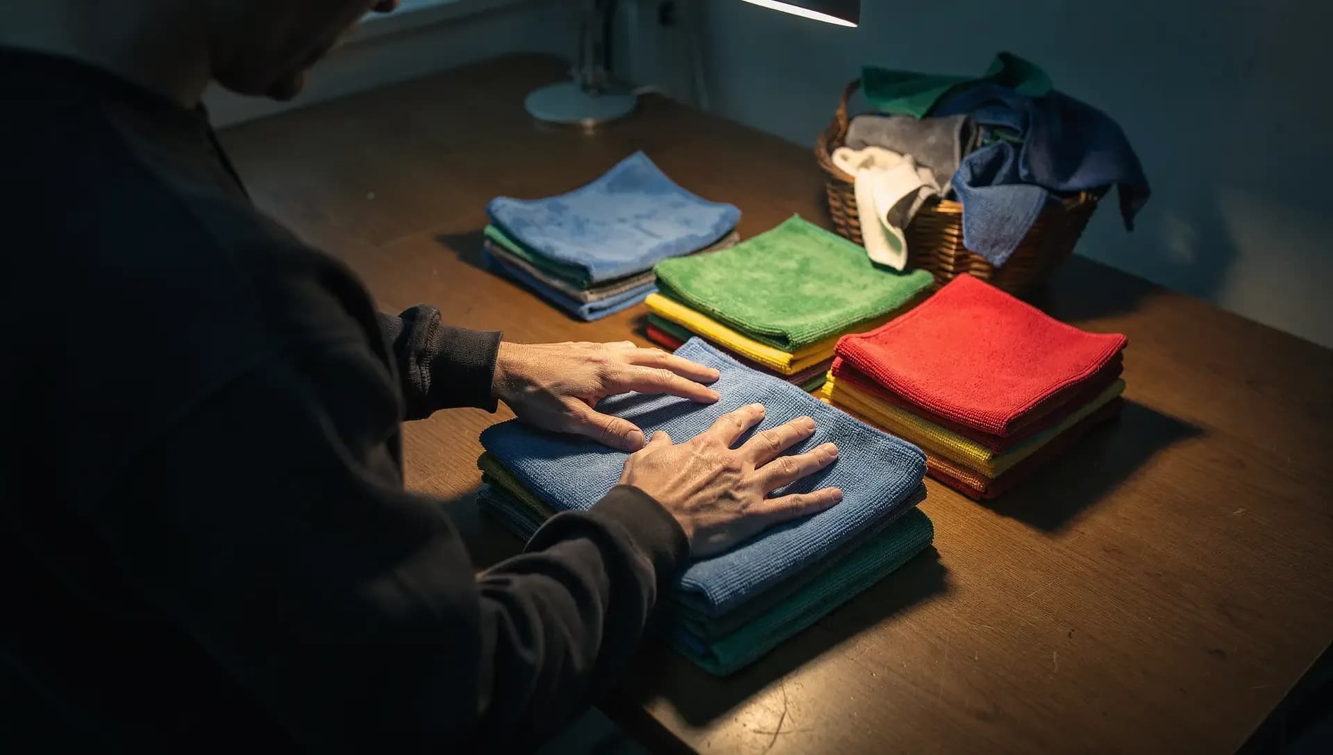 Hands square a stack of blue cleaning cloths beside piles sorted by color under a warm evening lamp.