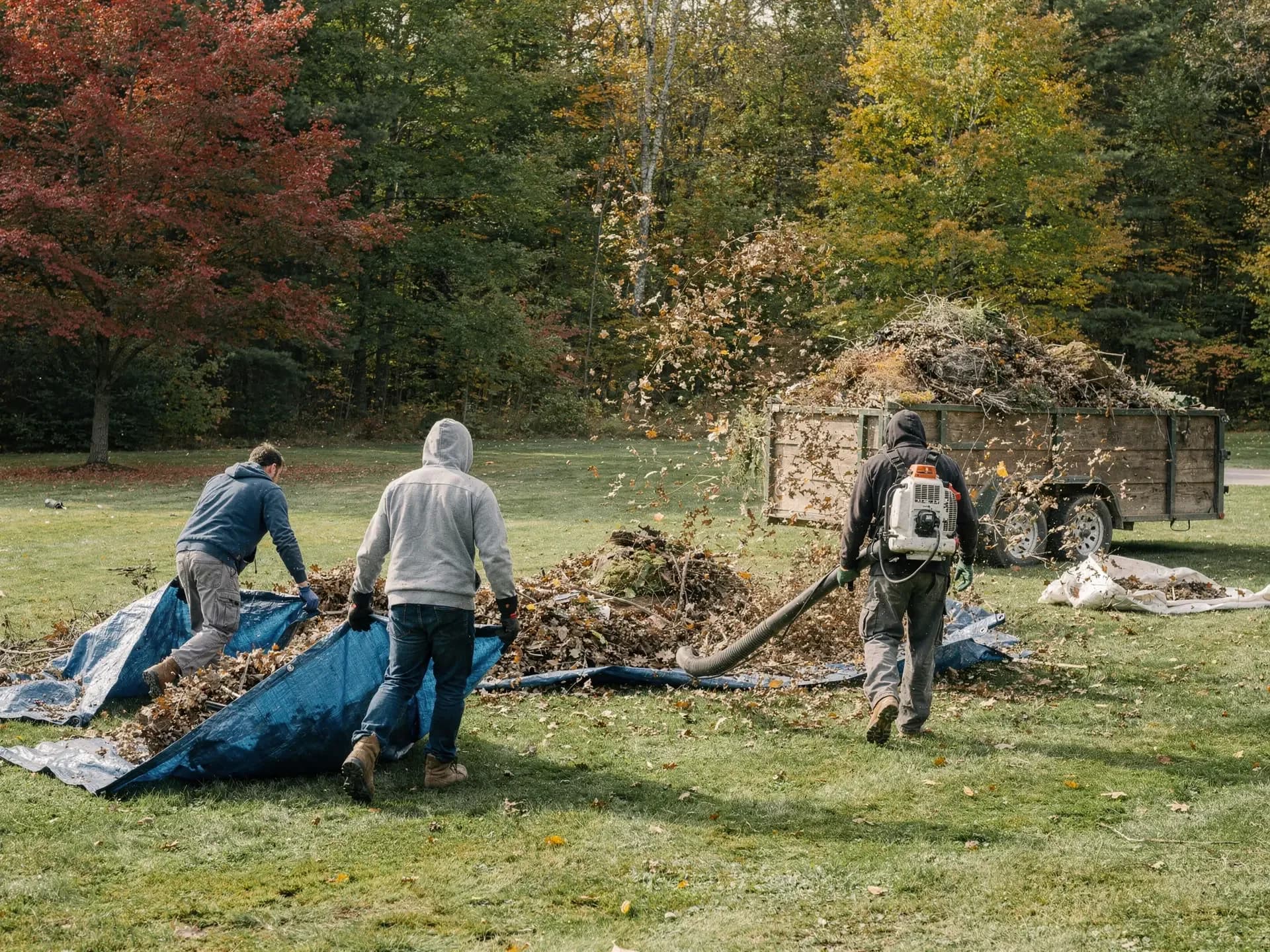 A lawn crew drags tarps of leaves and blows more toward an overloaded trailer on a sunny autumn lawn.