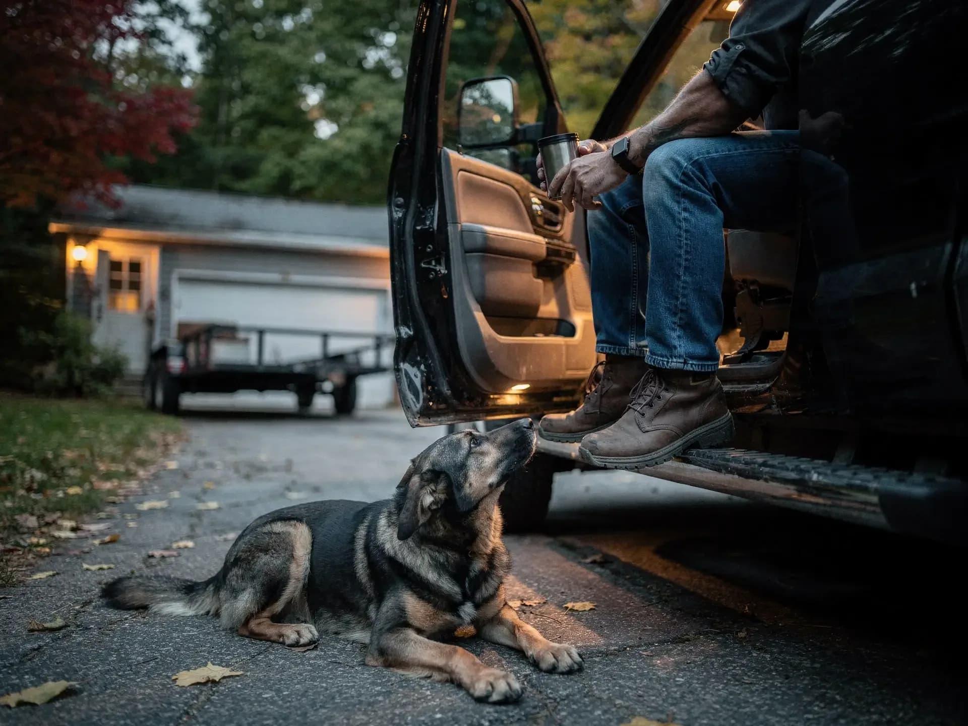A lawn owner sits in his open pickup door with a travel mug at dusk while his dog lies at his feet.