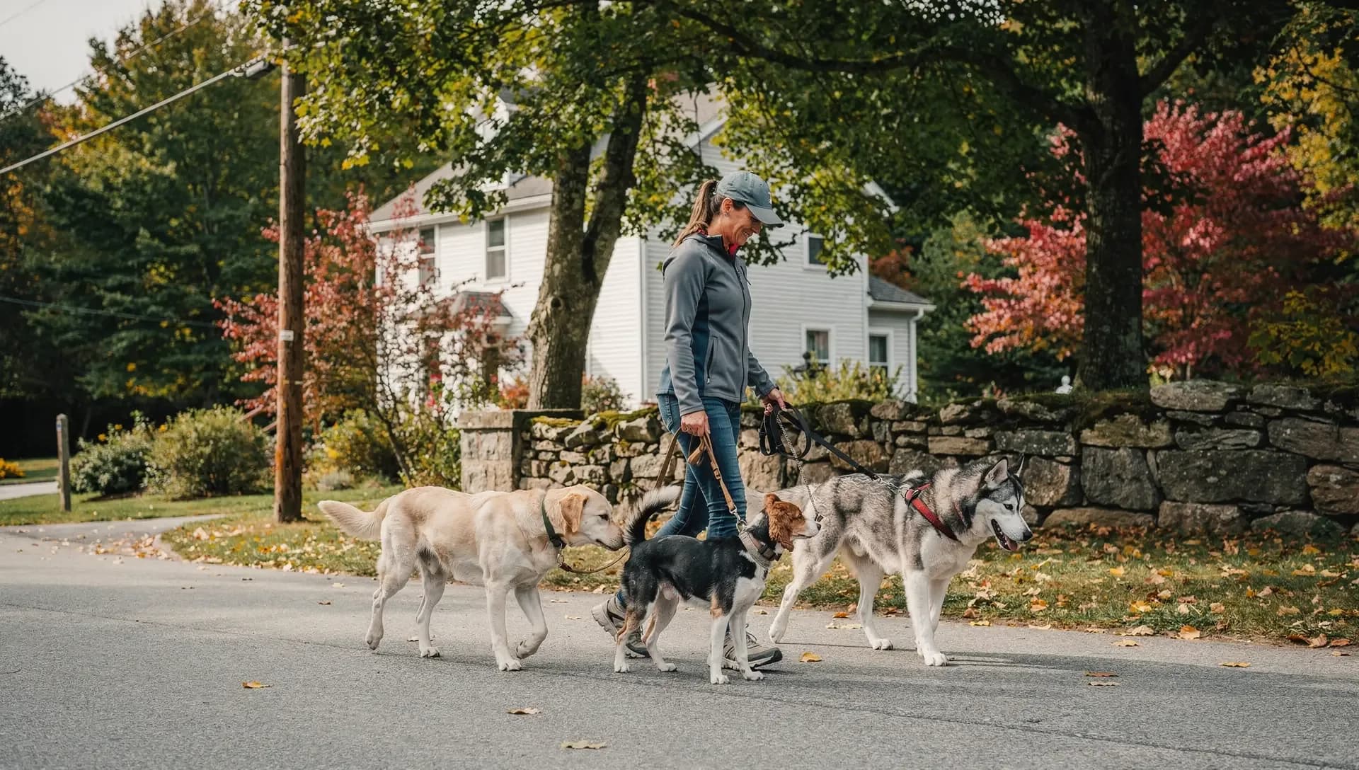 A dog walker smiles down at three leashed dogs on a quiet road past a stone wall and a white clapboard house.