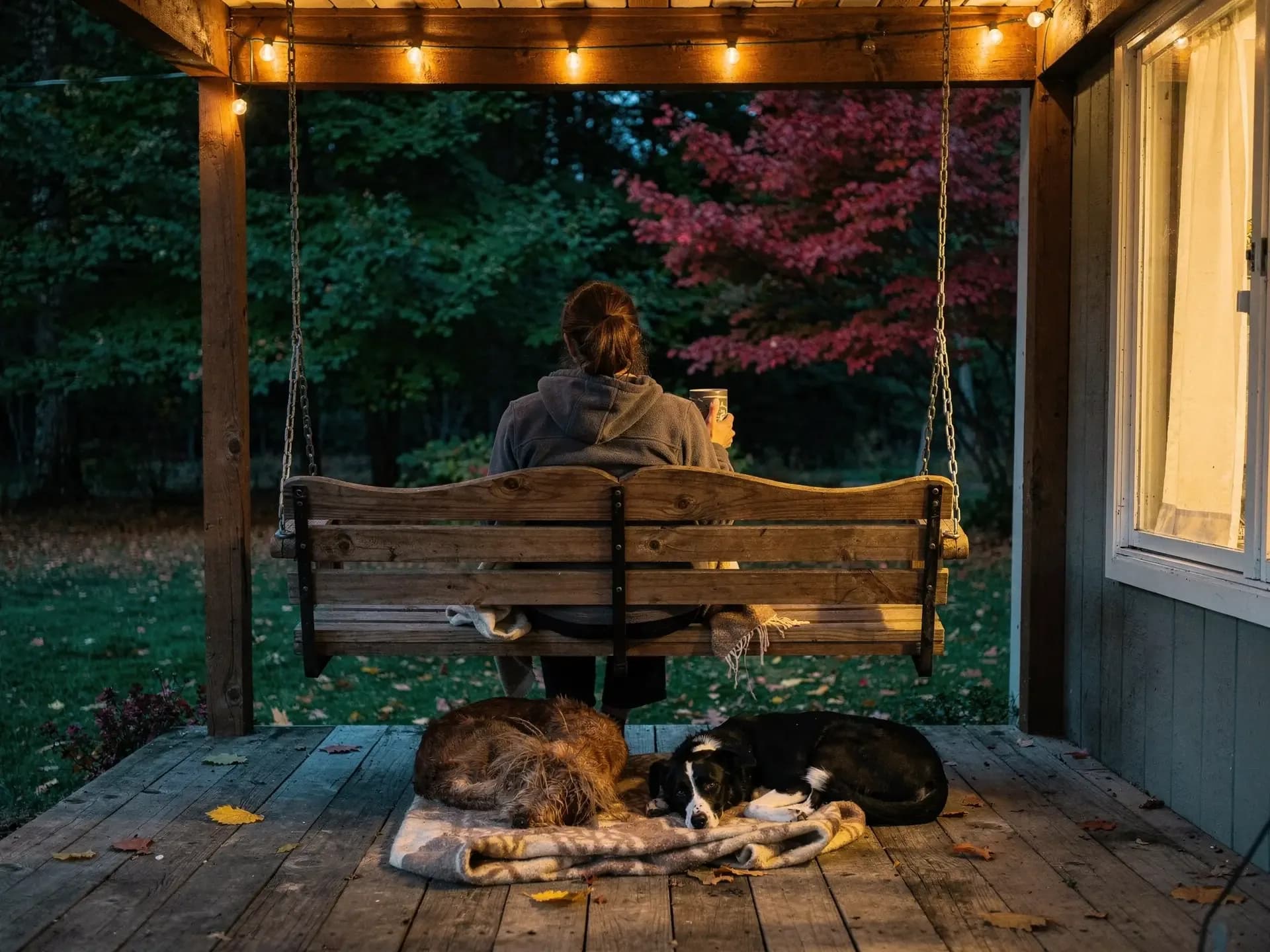 A dog walker sits on a porch swing with a mug at dusk while two dogs sleep on a blanket at her feet.