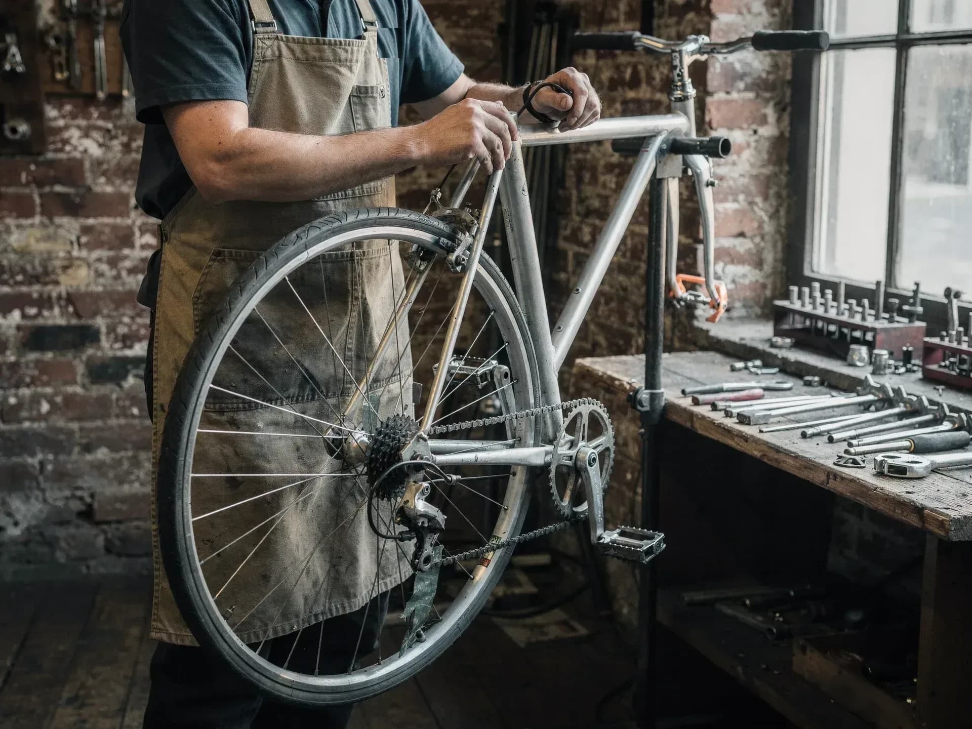 A bicycle mechanic in a canvas apron works on a silver bicycle clamped in a repair stand, hand tools laid out on a bench under a tall window in a brick-walled shop.