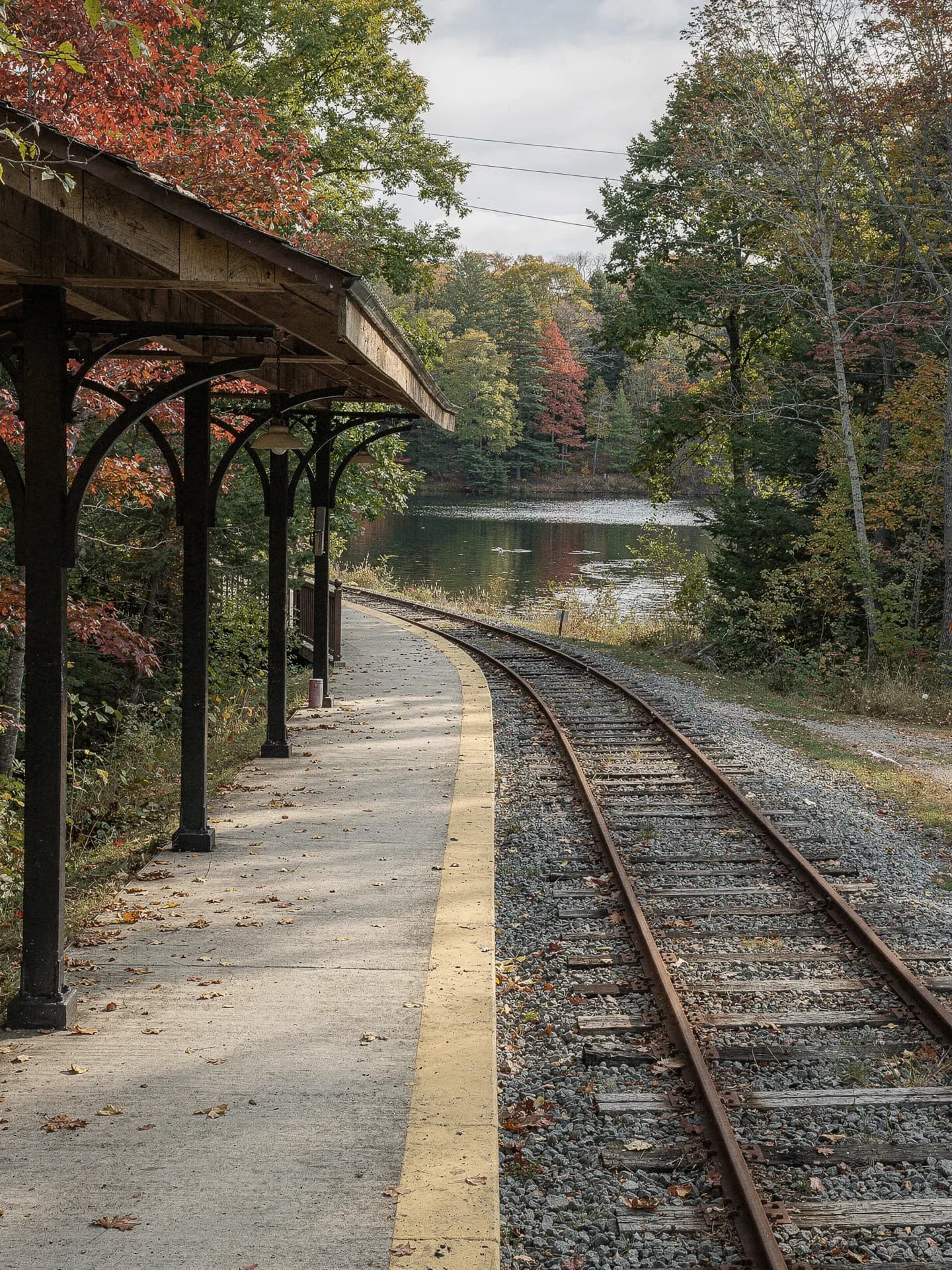 An empty railway platform with a wooden canopy on iron brackets follows a single track curving toward a pond in the trees.