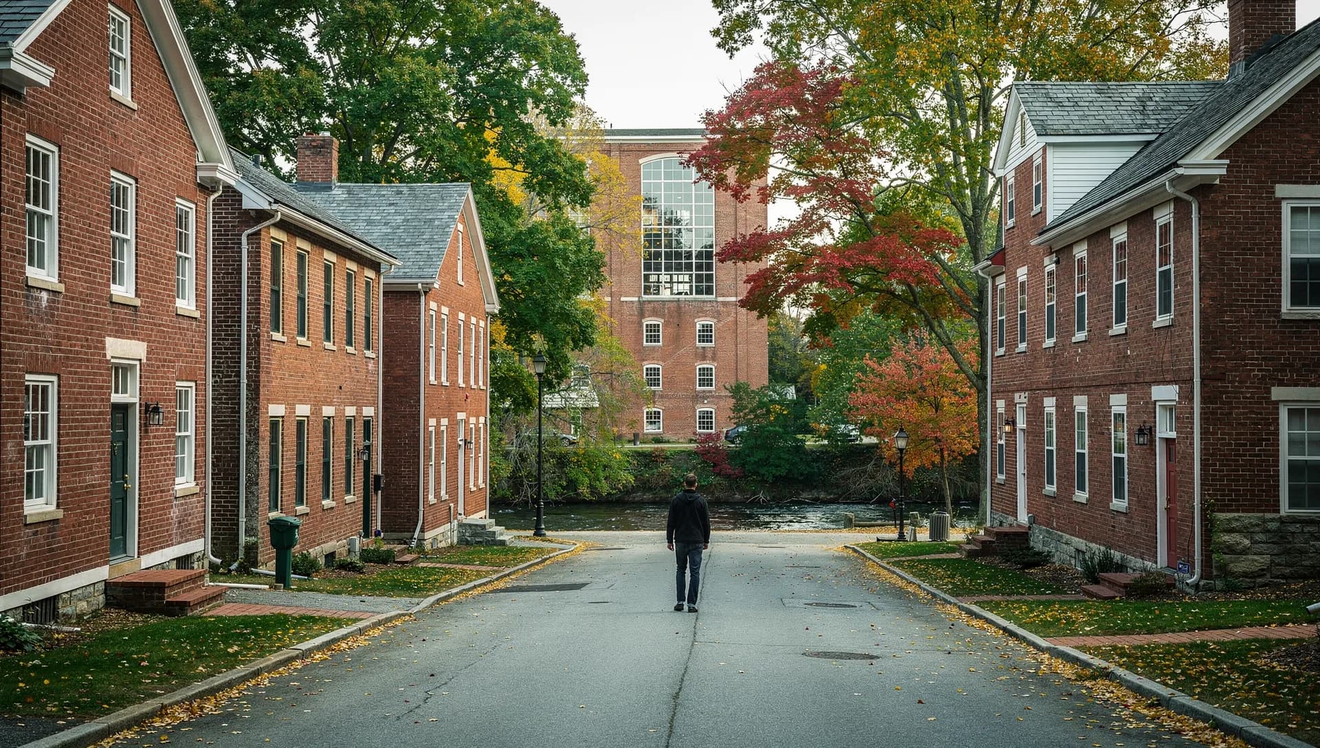 A street of brick mill-village houses leads down to a brick mill and a river, one person walking away along it.