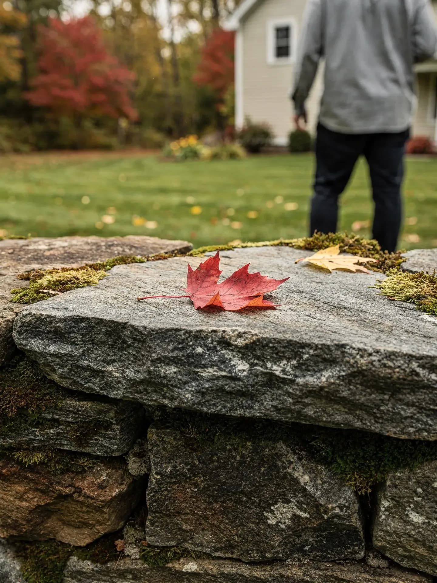 A red maple leaf and a yellow one rest on the mossy granite cap of a stone wall in early autumn.