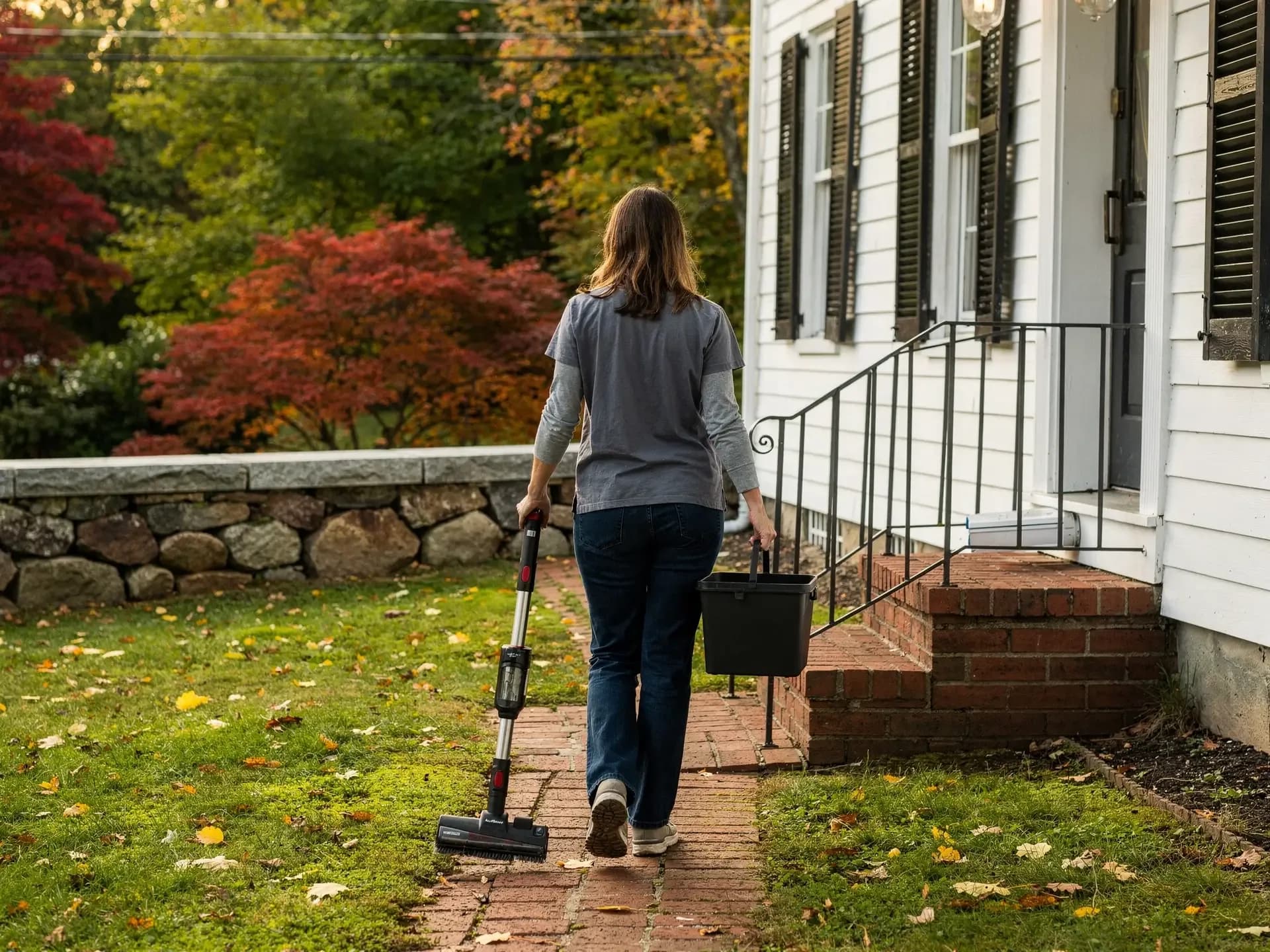 A cleaner wheels a stick vacuum and carries a bucket up a brick path to a white colonial with black shutters.