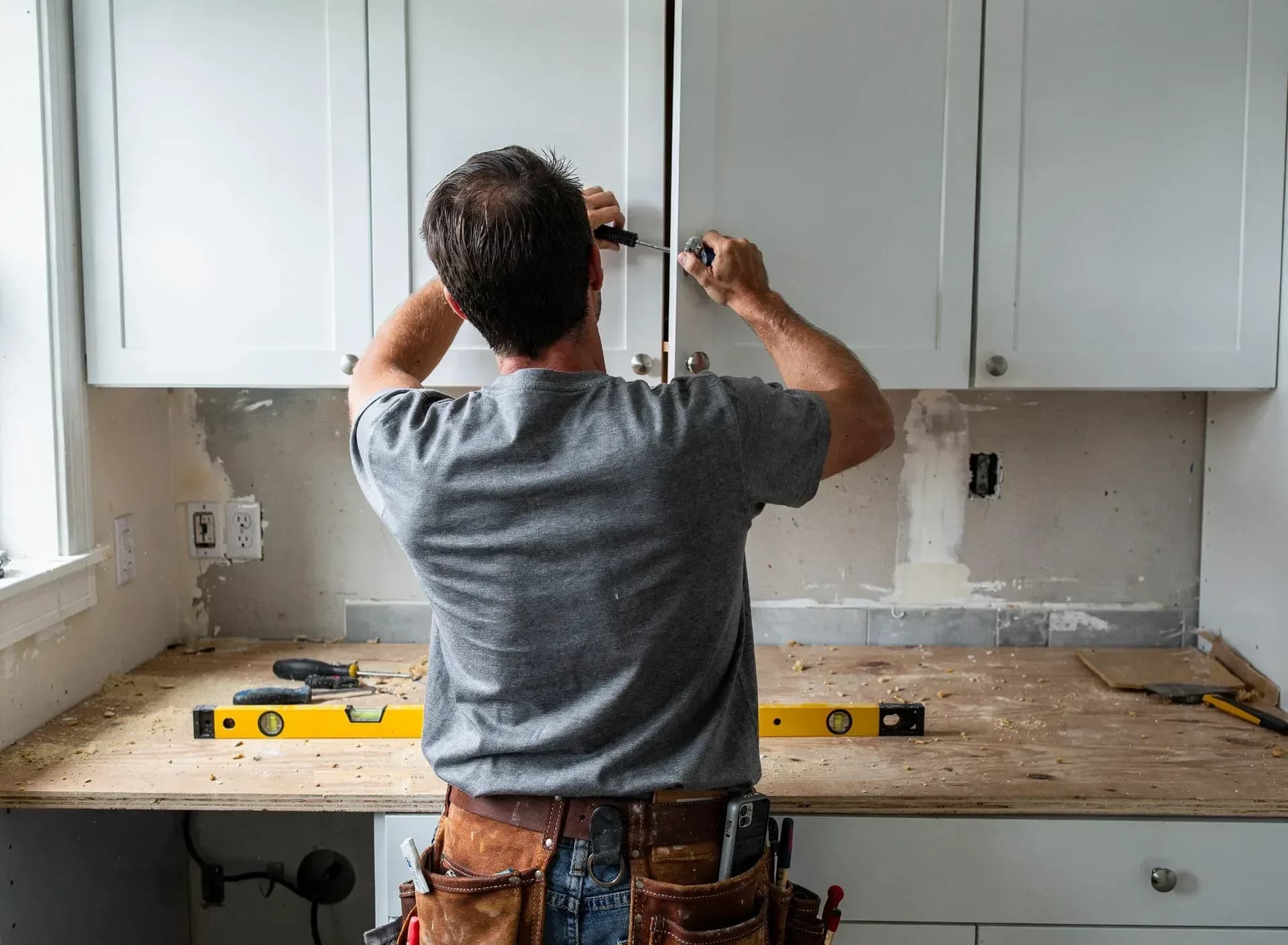 A carpenter in a grey t-shirt and a worn leather tool belt adjusts the hinge of a white cabinet door with a screwdriver, a yellow level on the bare plywood counter in front of him.