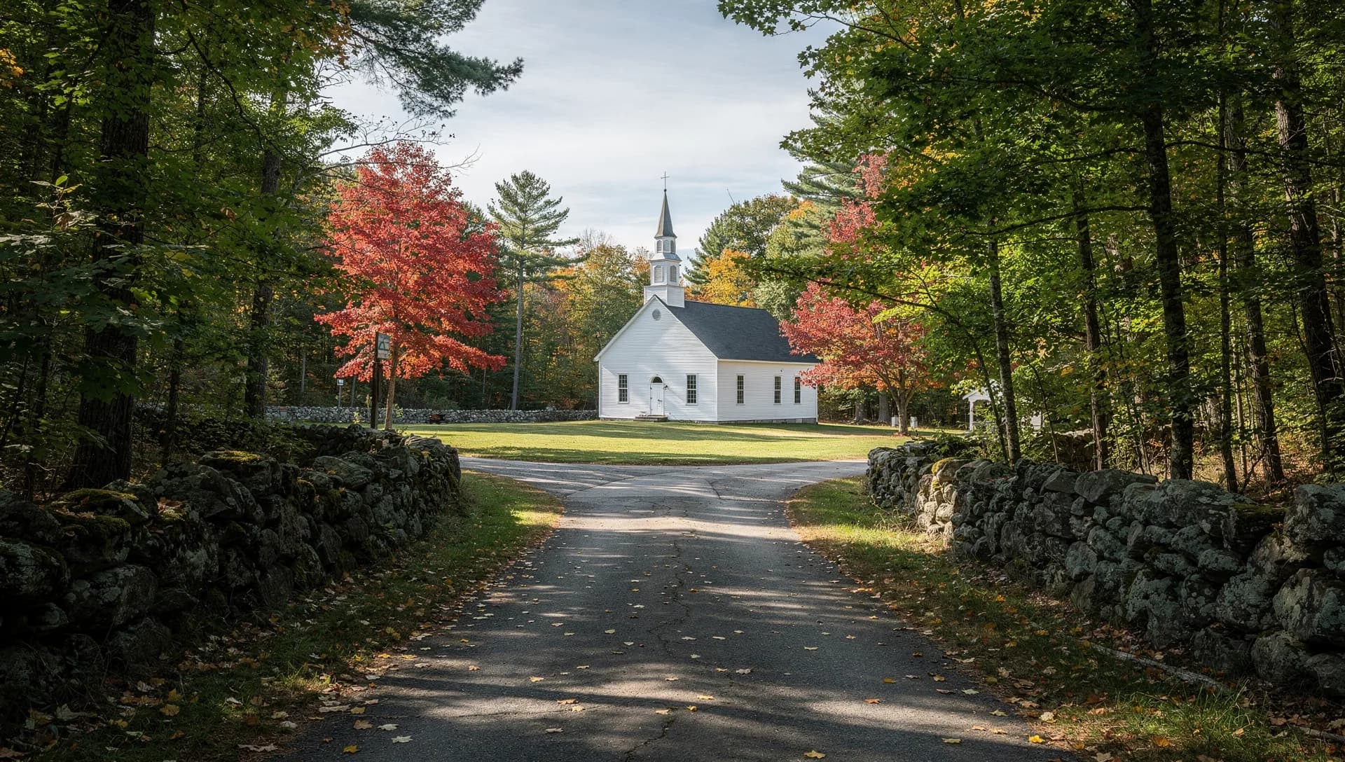 A narrow road runs between mossy stone walls and opens onto a green with a small white steepled church.