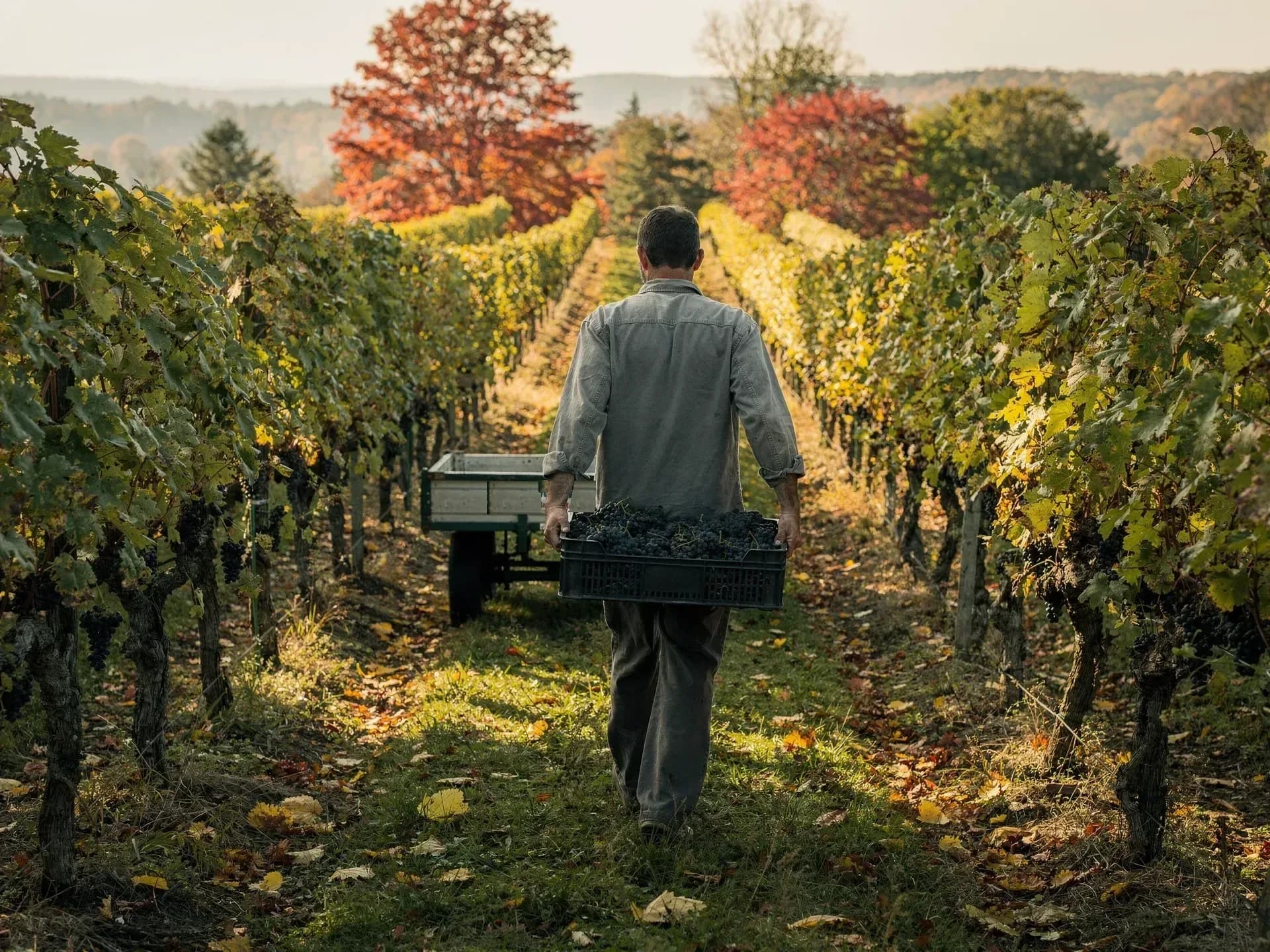 A vineyard worker in a canvas shirt carries a crate of dark grapes down a row of vines toward a small cart, red maples at the end of the row.