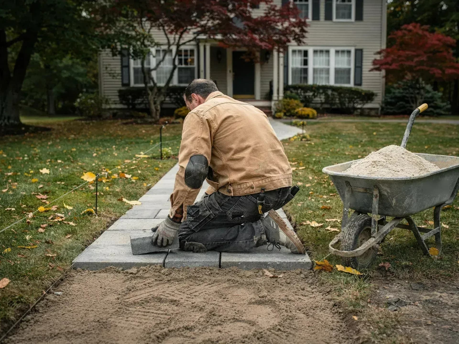 A man in a tan canvas work jacket kneels to set a grey paver into a new front walk on a bed of screeded sand, a wheelbarrow of stone dust beside him and a grey colonial behind.