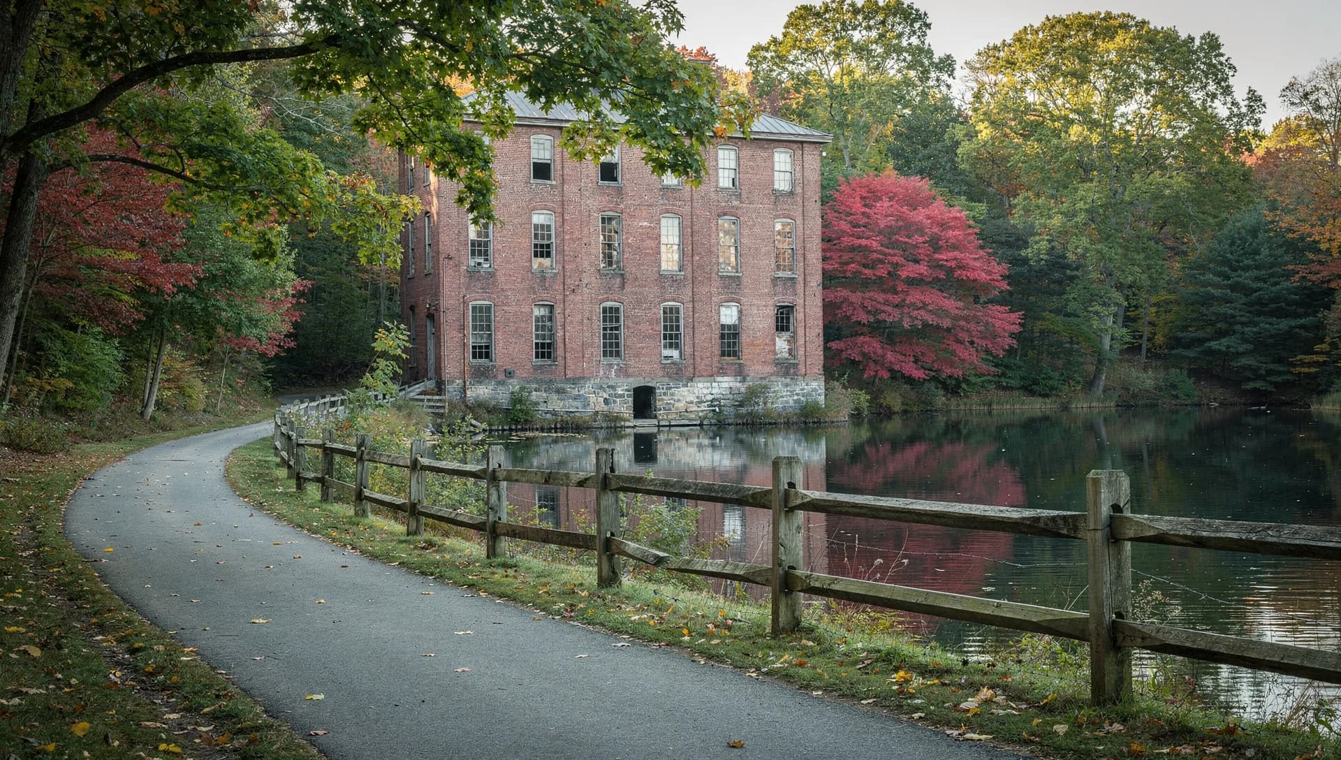 A paved path with a wooden rail fence curves past a brick mill reflected in a still pond.