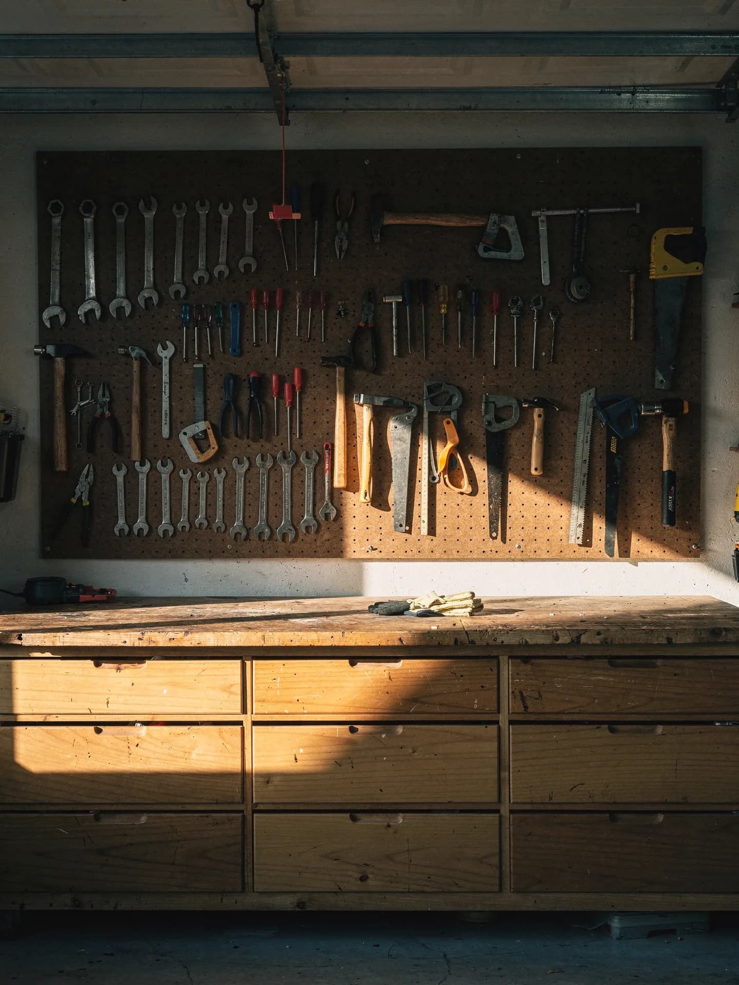 Hand tools hang in neat rows on a pegboard above a wooden workbench with plain drawers, late sunlight falling across the bench top.