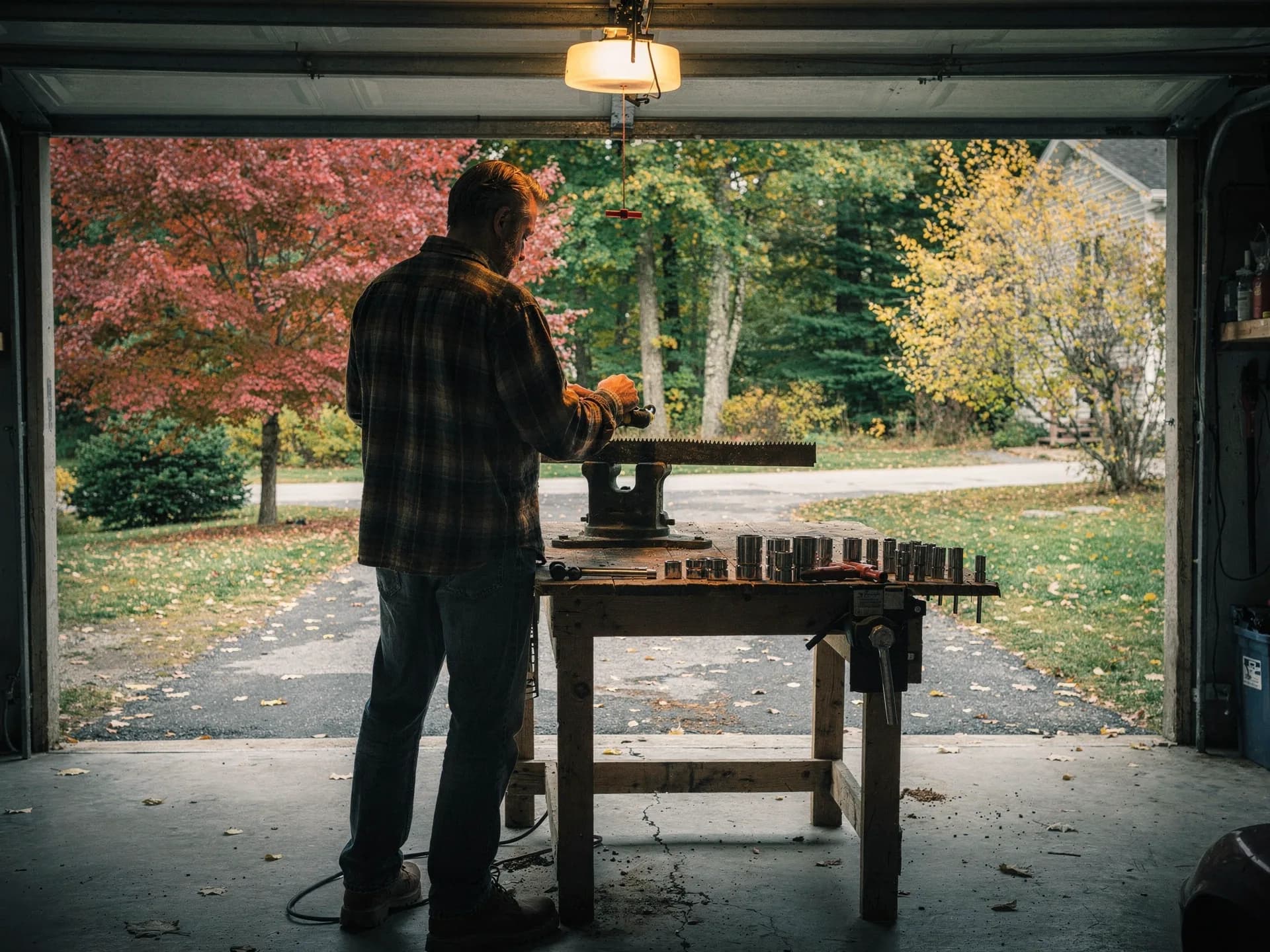 A man in a flannel shirt files a long toothed blade held in a bench vice in an open garage, sockets lined up on the bench and autumn trees outside.